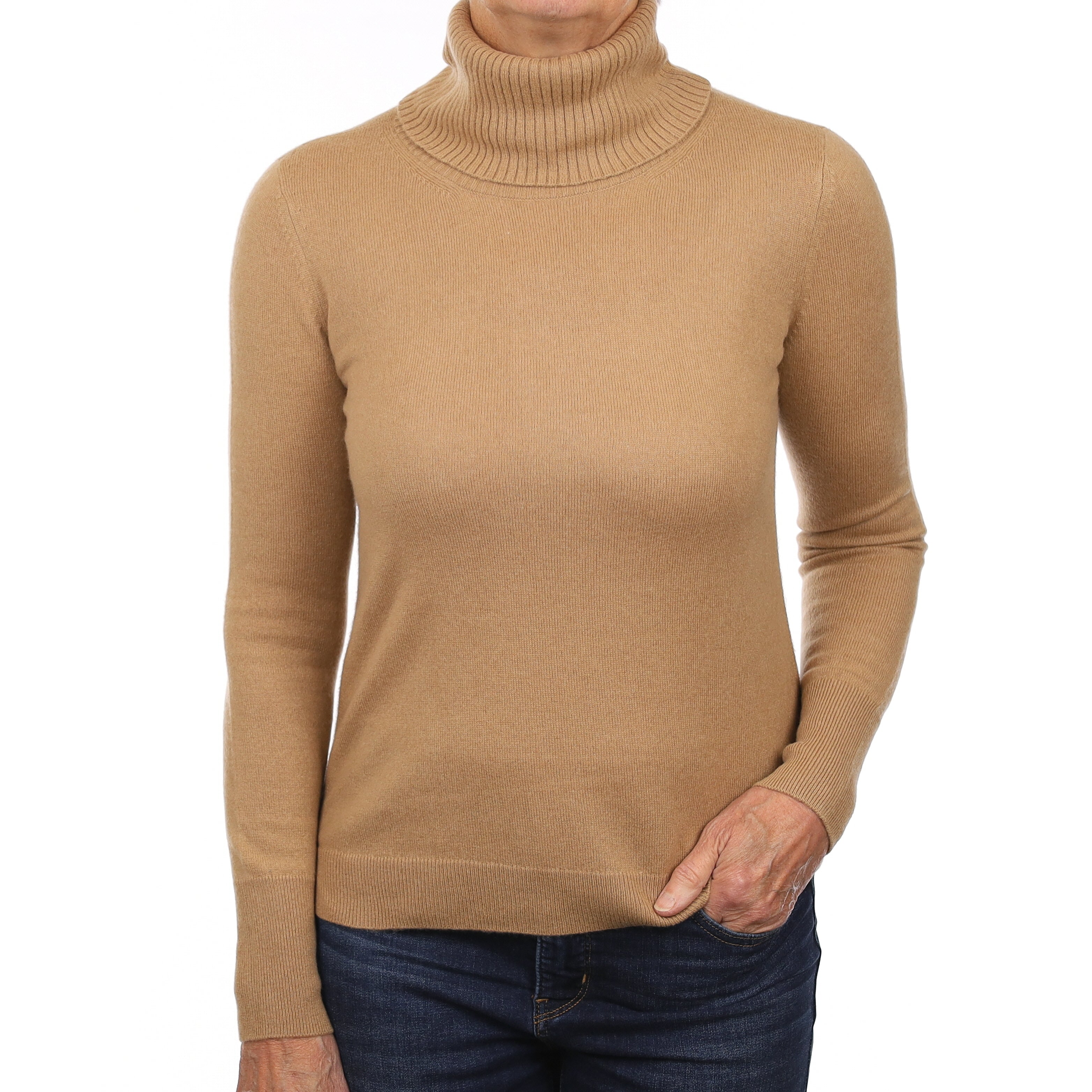 Camel Brown Cashmere Polo Neck Jumper Medium