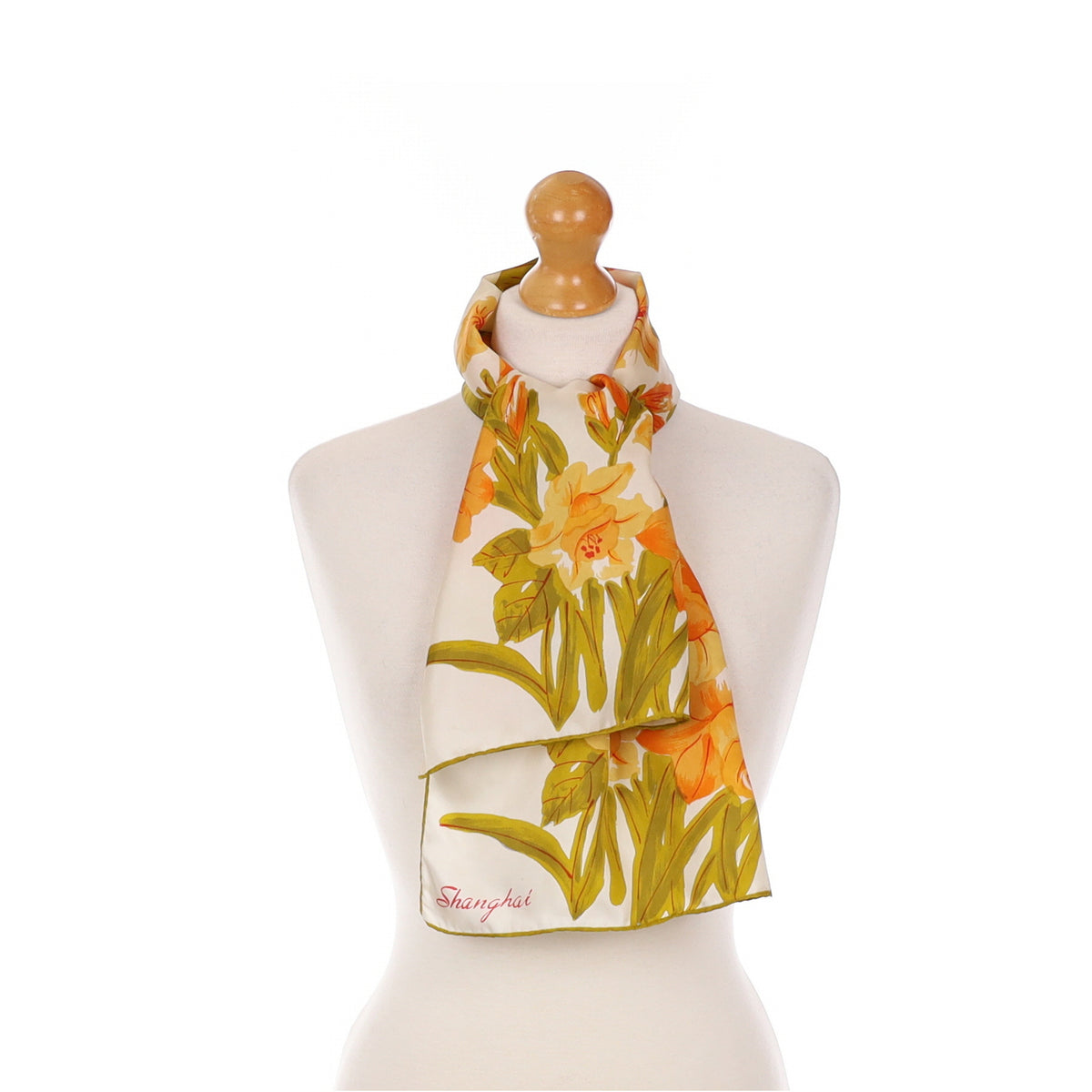 Shanghai Floral Orange and Green Vintage Silk Scarf