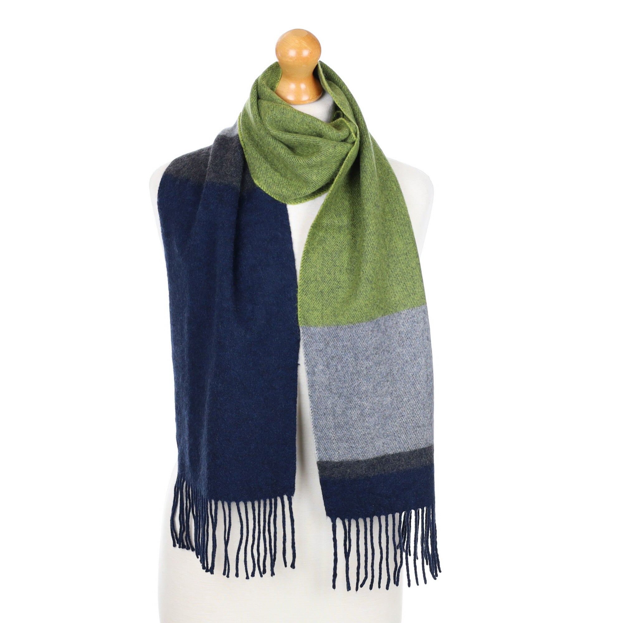 Navy and Green Colour Block Fringed Cashmere Woven Scarf
