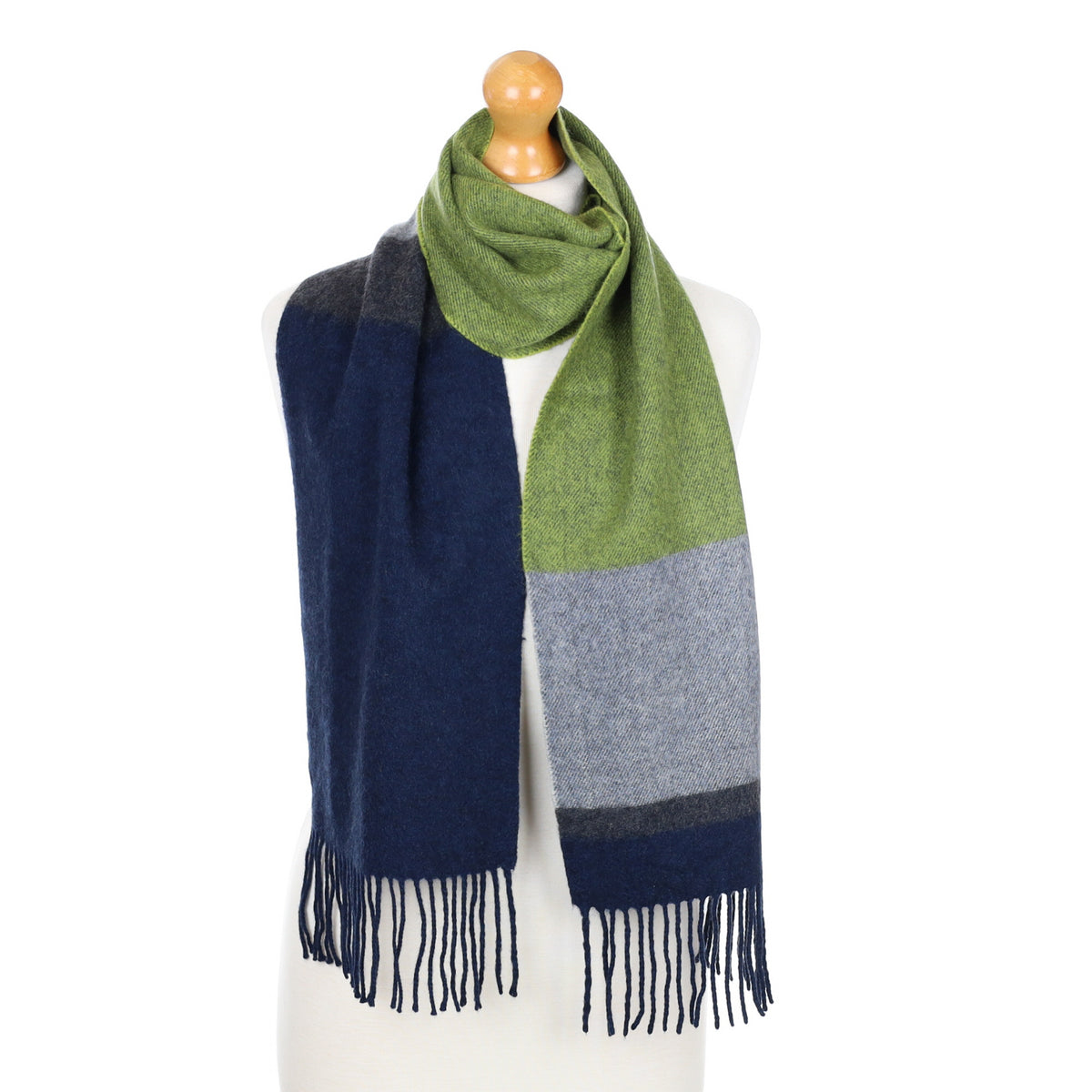 Navy and Green Colour Block Fringed Cashmere Woven Scarf