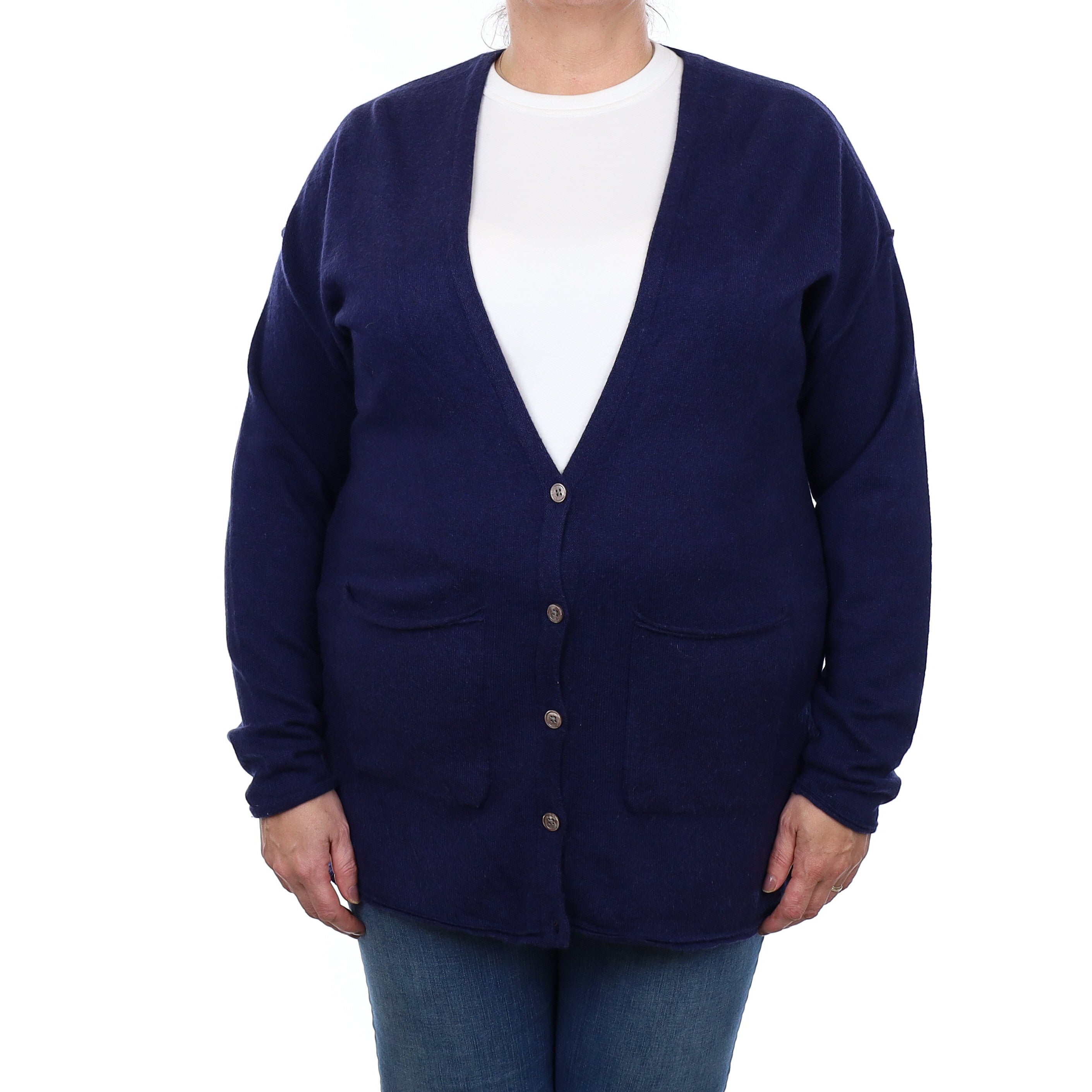Navy Cashmere Longline V Neck Cardigan with Pockets Extra Large