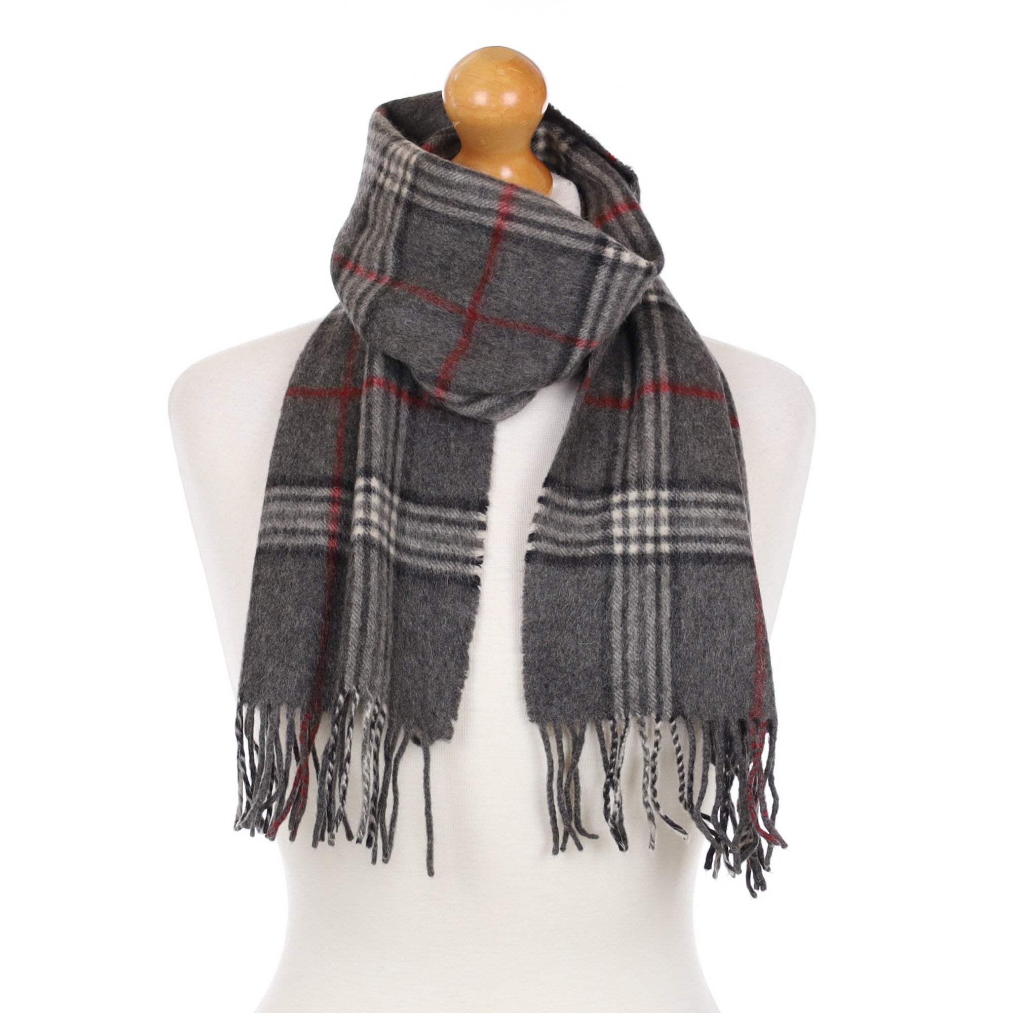 Grey Checked Cashmere Fringed Woven Scarf