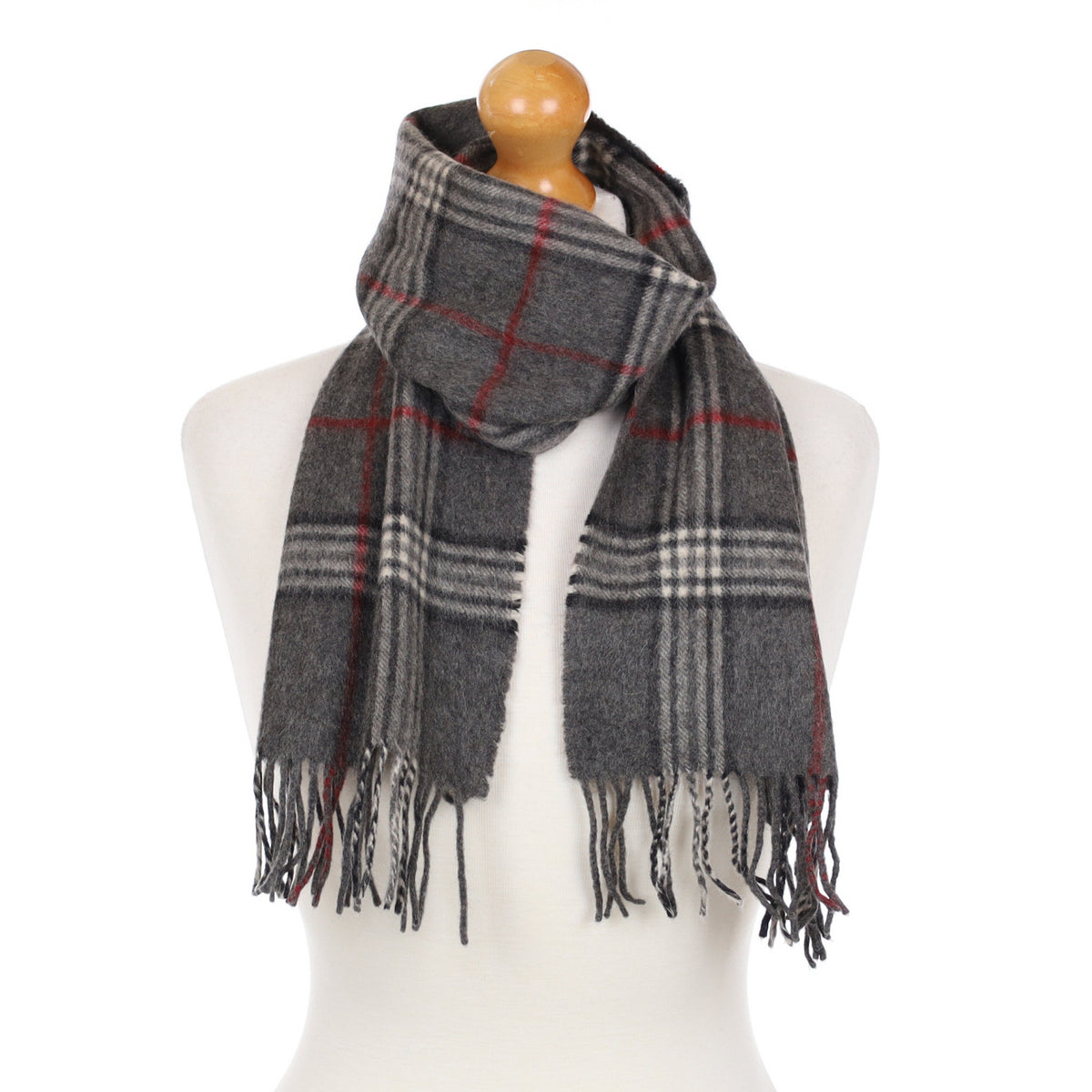 Grey Checked Cashmere Fringed Woven Scarf