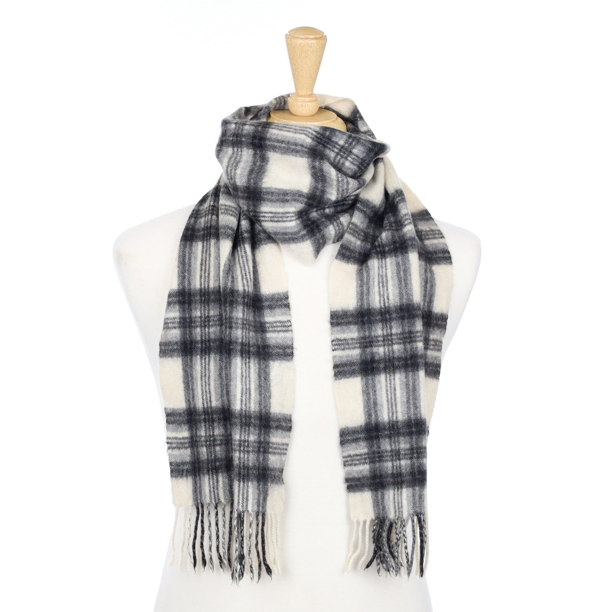 Black and Winter White Cashmere Fringed Woven Scarf