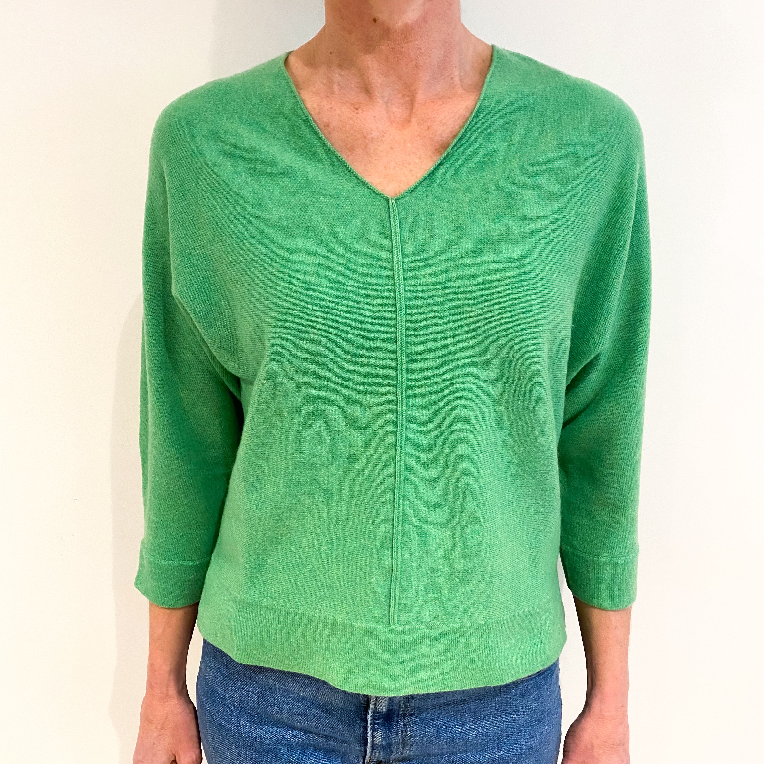 Kelly Green Cashmere V Neck Jumper Small