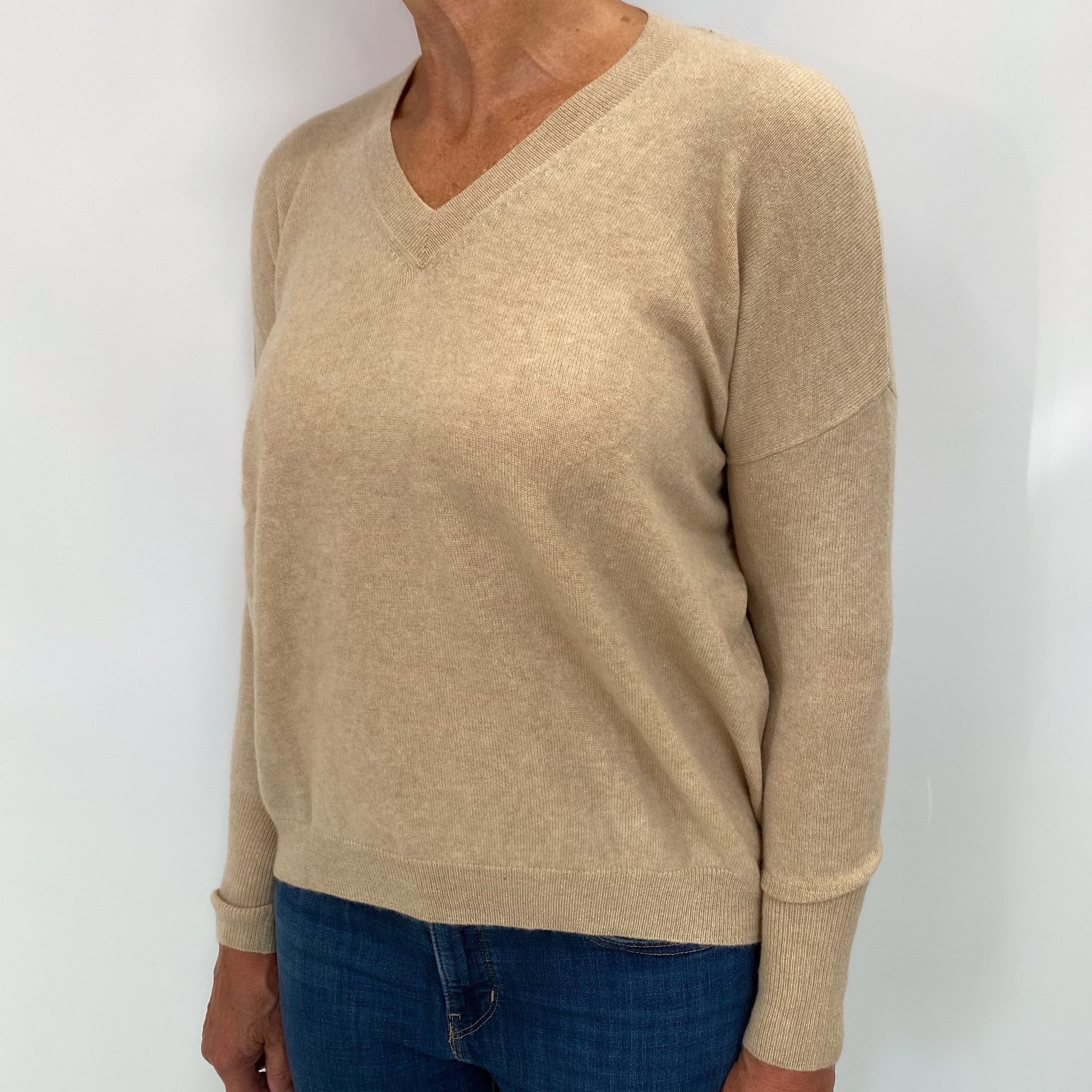 Light Caramel Brown Cashmere V Neck Jumper Medium