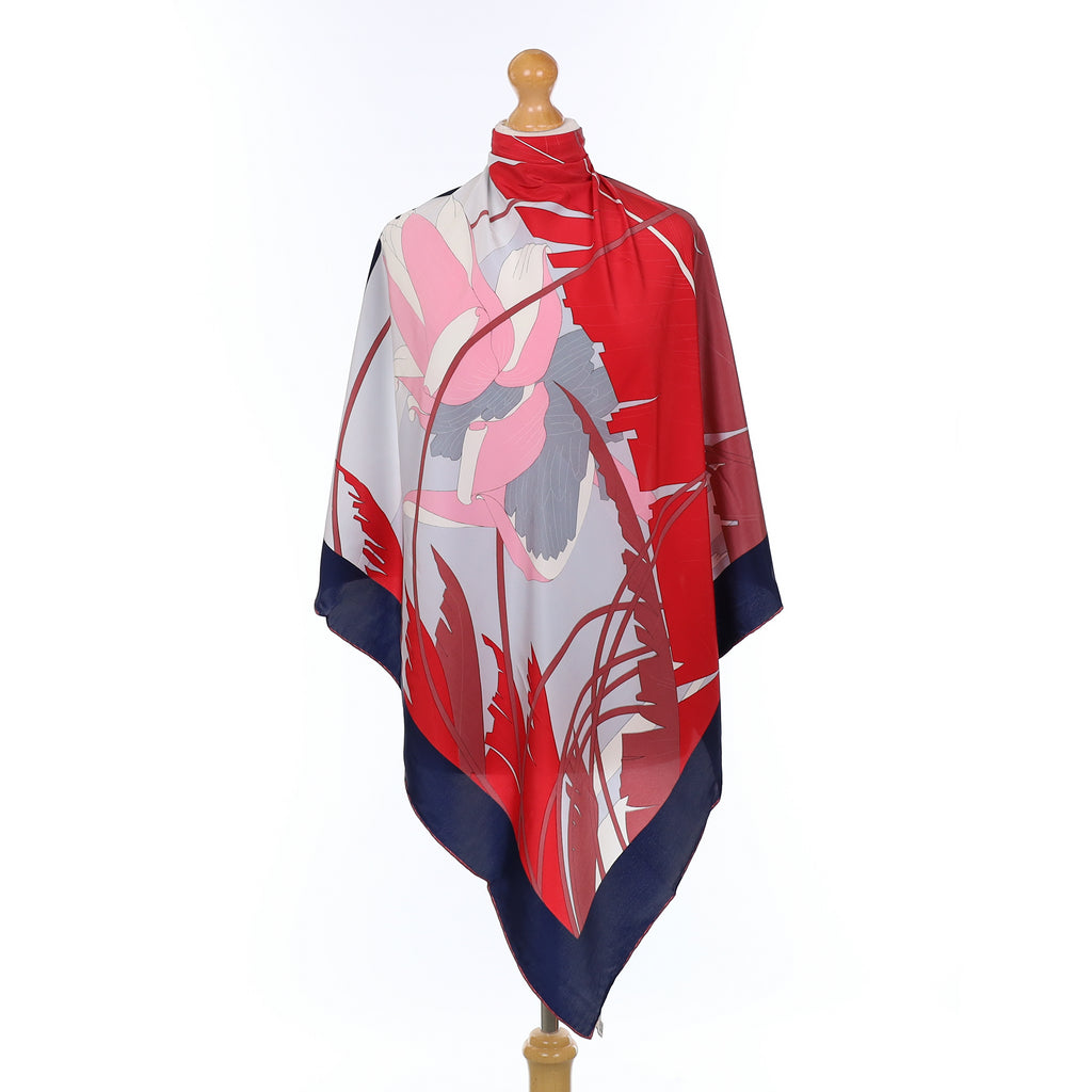 Boxed Grès Red And Navy Botanical Silk Scarf