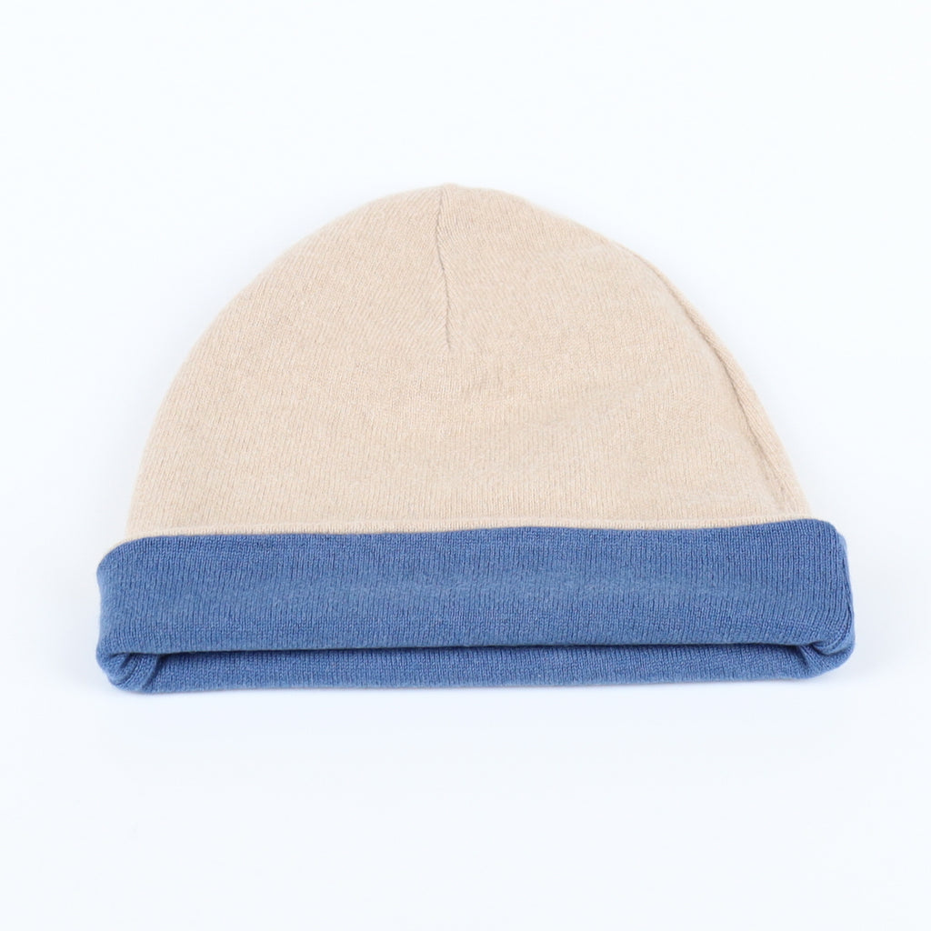 Men’s Oatmeal and Denim Blue Reversible Cashmere Beanie Hat