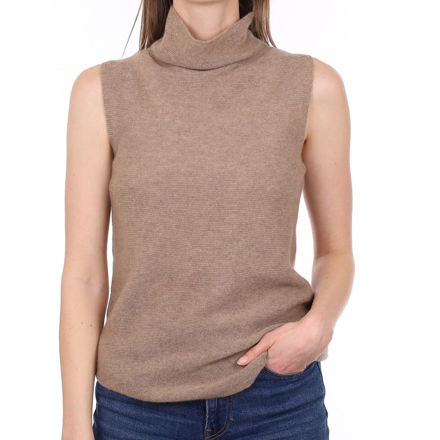 Italian Maison Cashmere Taupe Brown Sleeveless Funnel Neck Jumper Small