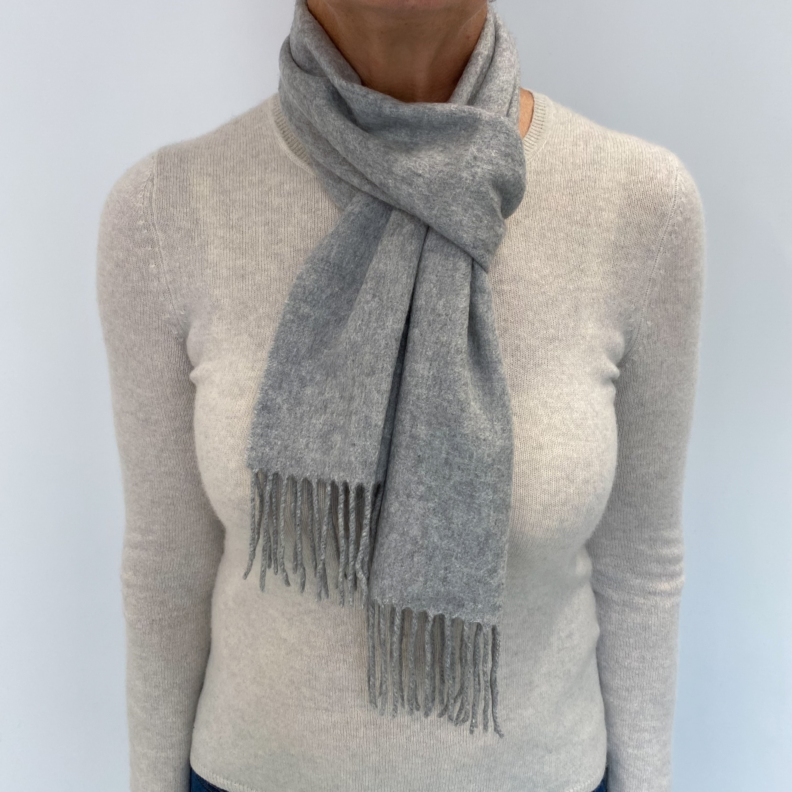 Smoke Grey Cashmere Woven Fringed Scarf