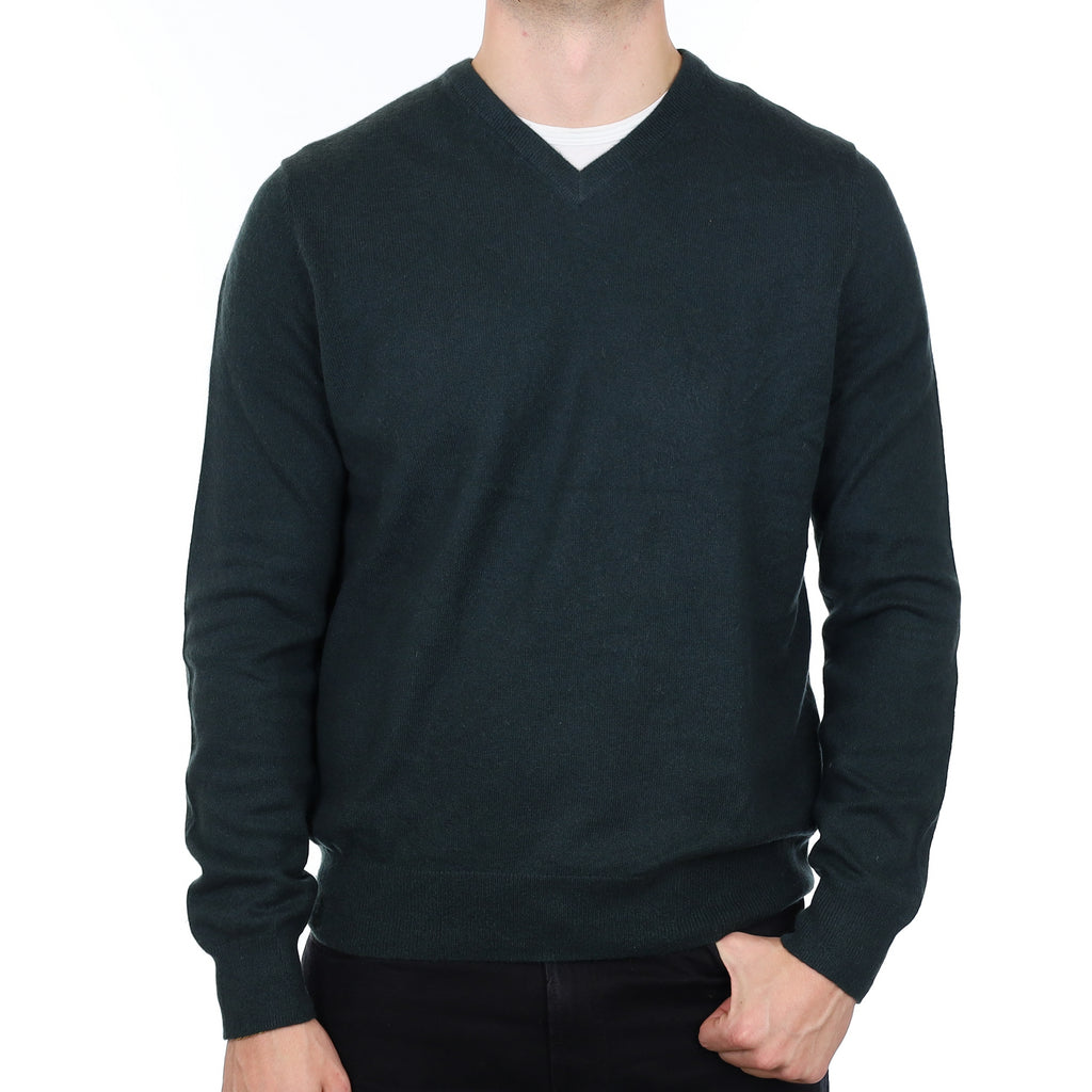 Men’s Deepest Green Cashmere V Neck Jumper Extra Large