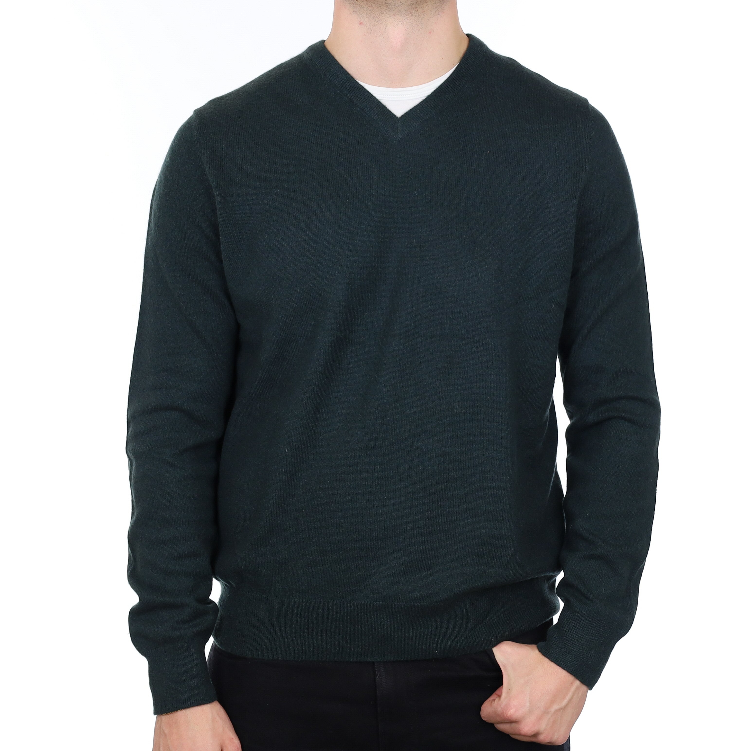Men’s Deepest Green Cashmere V Neck Jumper Extra Large