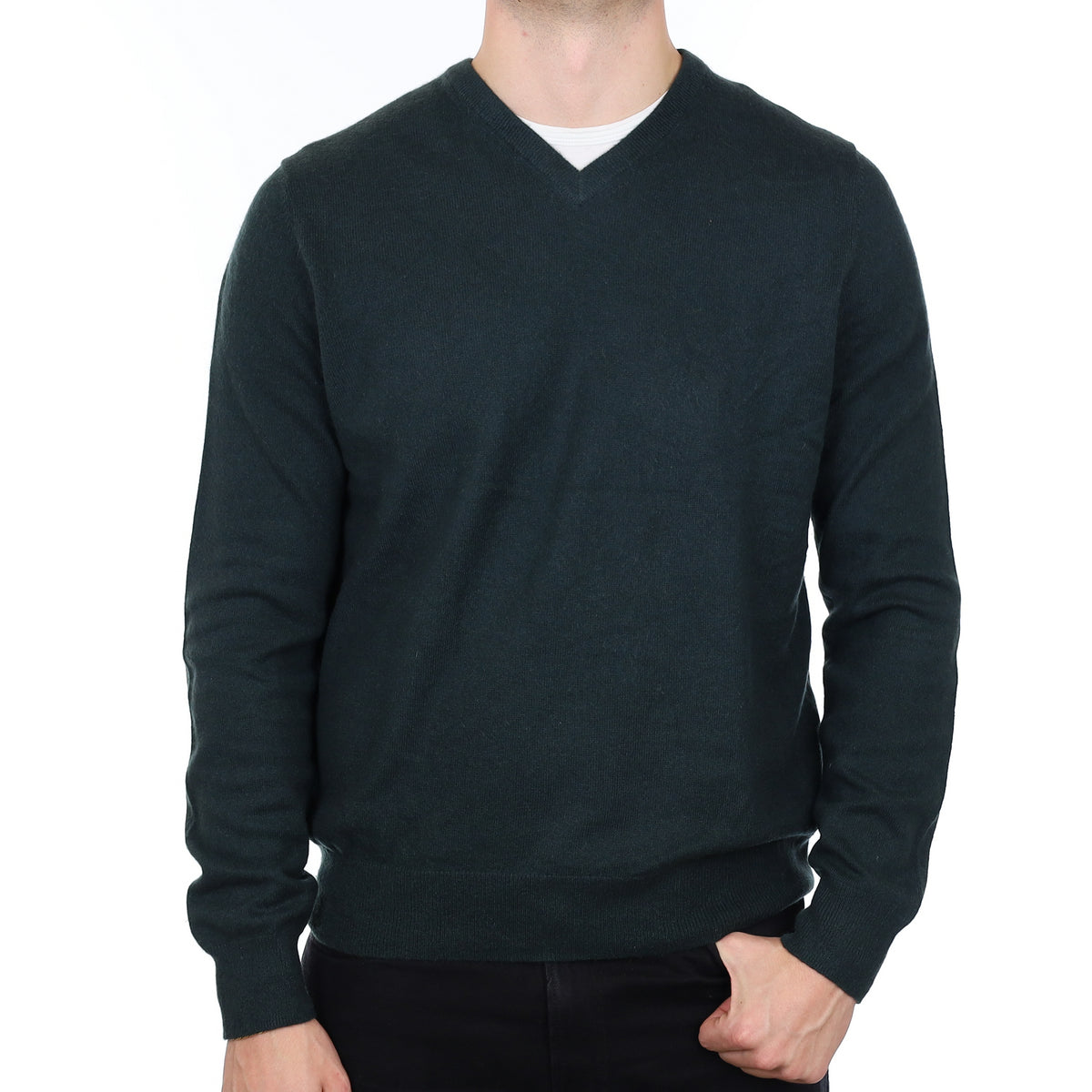 Men’s Deepest Green Cashmere V Neck Jumper Extra Large
