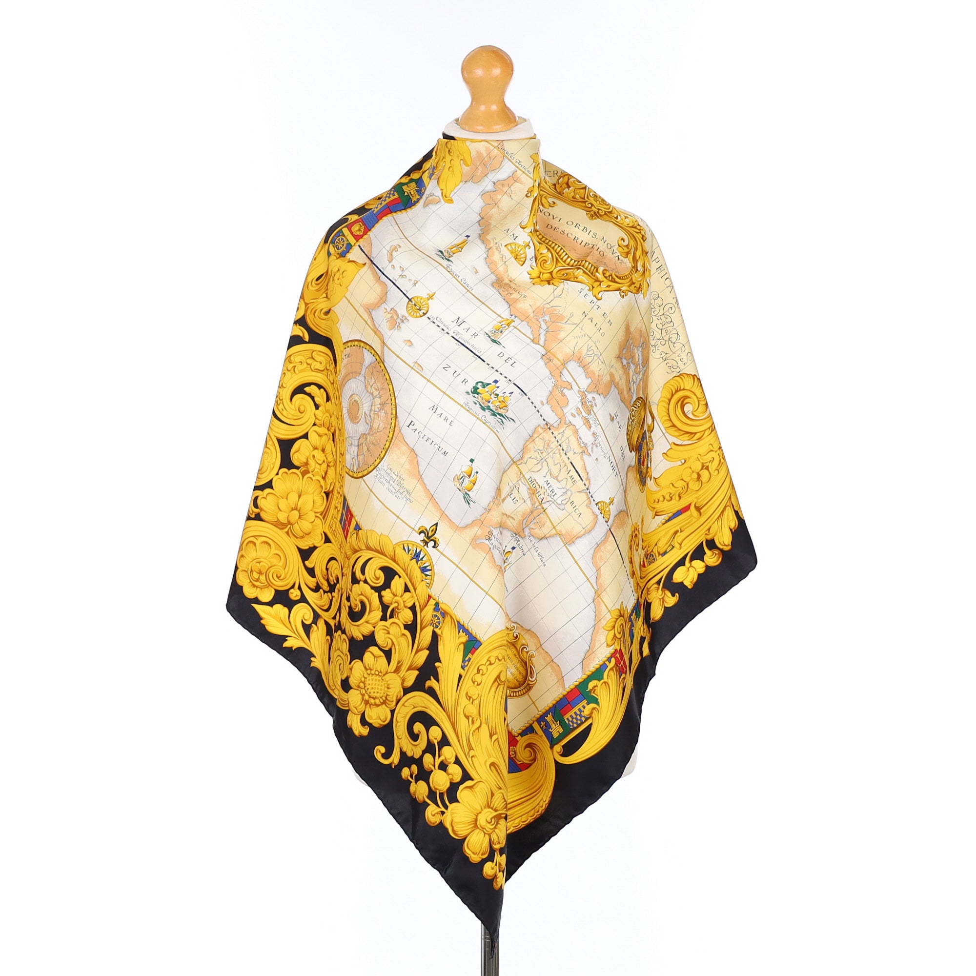 Viyella Black and Gold Map Design Vintage Silk Scarf