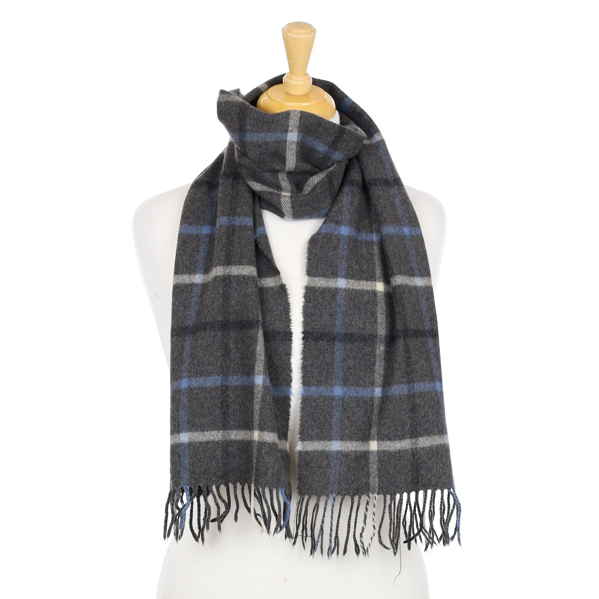 Slate Grey and Blue Checked Cashmere Woven Scarf