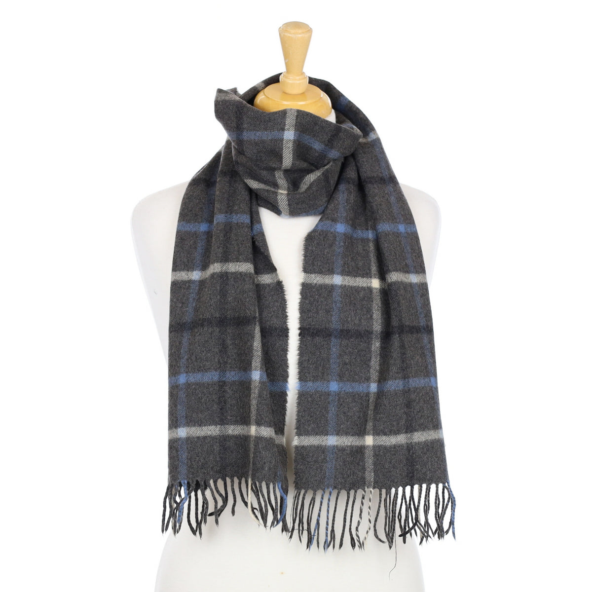 Slate Grey and Blue Checked Cashmere Woven Scarf