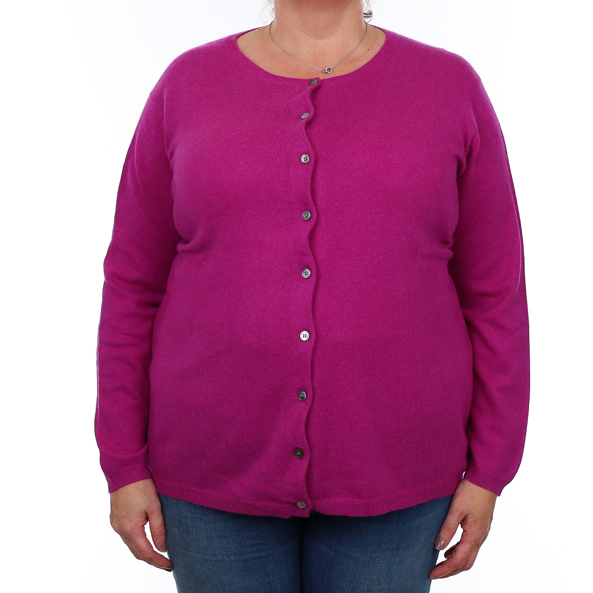 Magenta Pink Cashmere Crew Neck Cardigan Extra Large