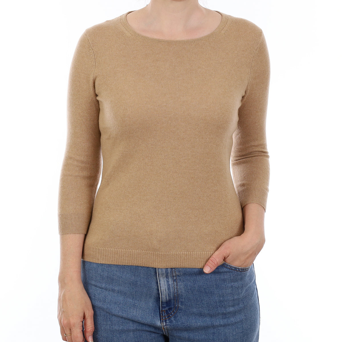 Caramel Brown Cashmere 3/4 Sleeve Crew Neck Jumper Small