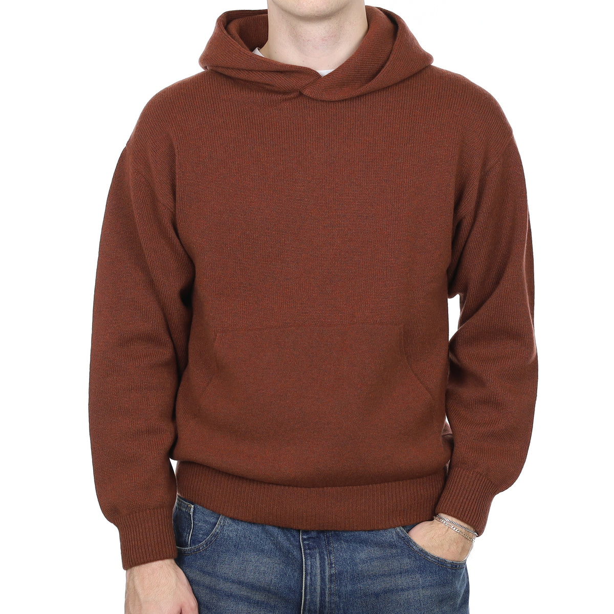 Men’s Brand New Scottish Rust Brown Extra Chunky Cashmere Hoodie Jumper with Pocket Medium