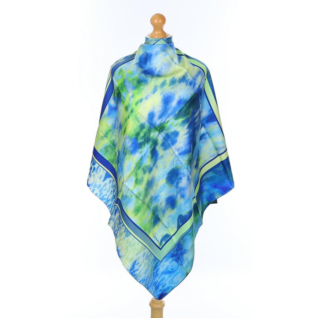 Brand New Roberto Cavalli Blue and Green Abstract Silk Scarf