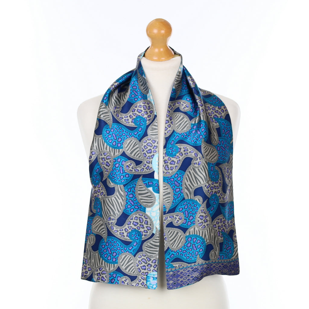 Blue and Silver Paisley Silk Scarf