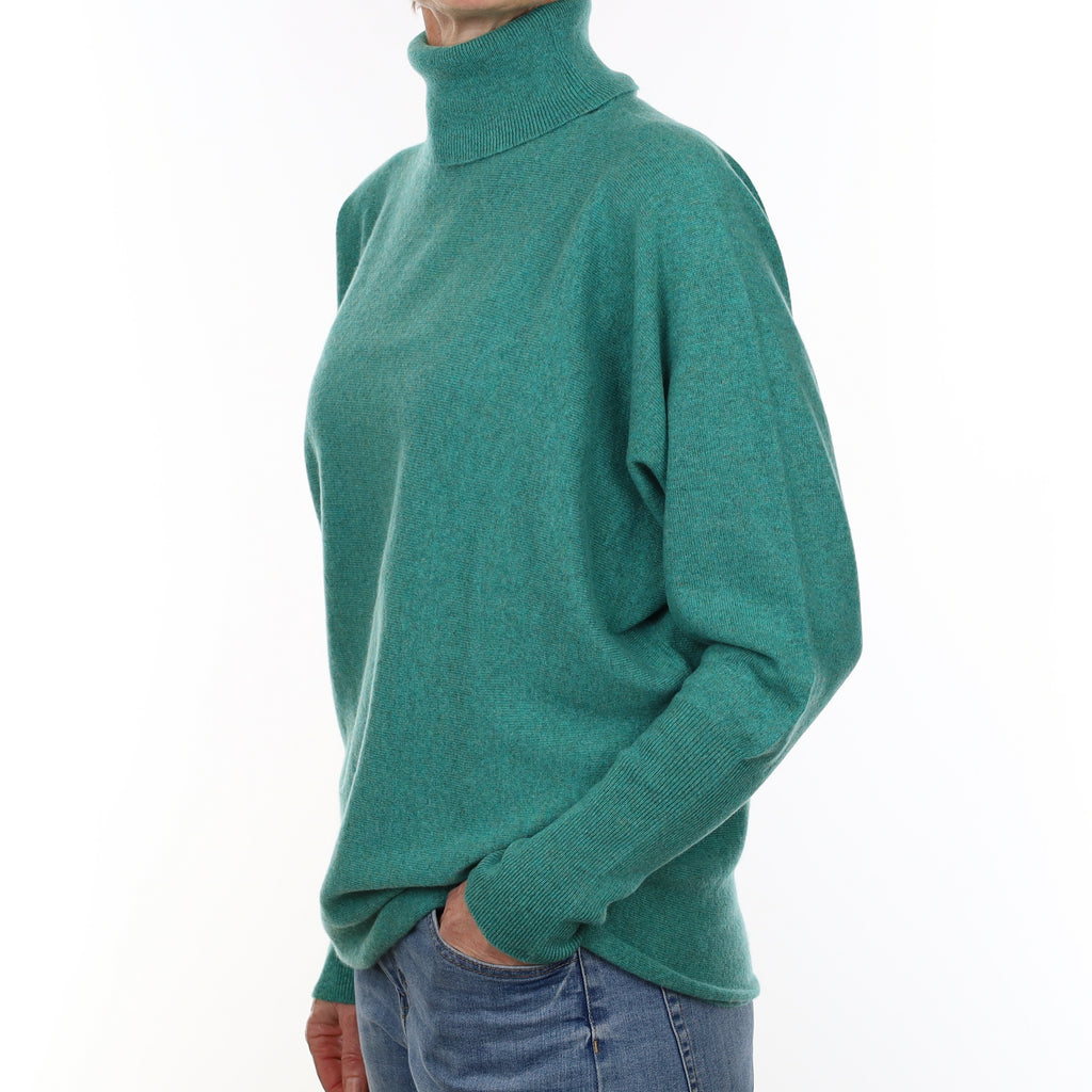 Brand New Scottish Turquoise Green Cashmere Batwing Polo Neck Jumper Small