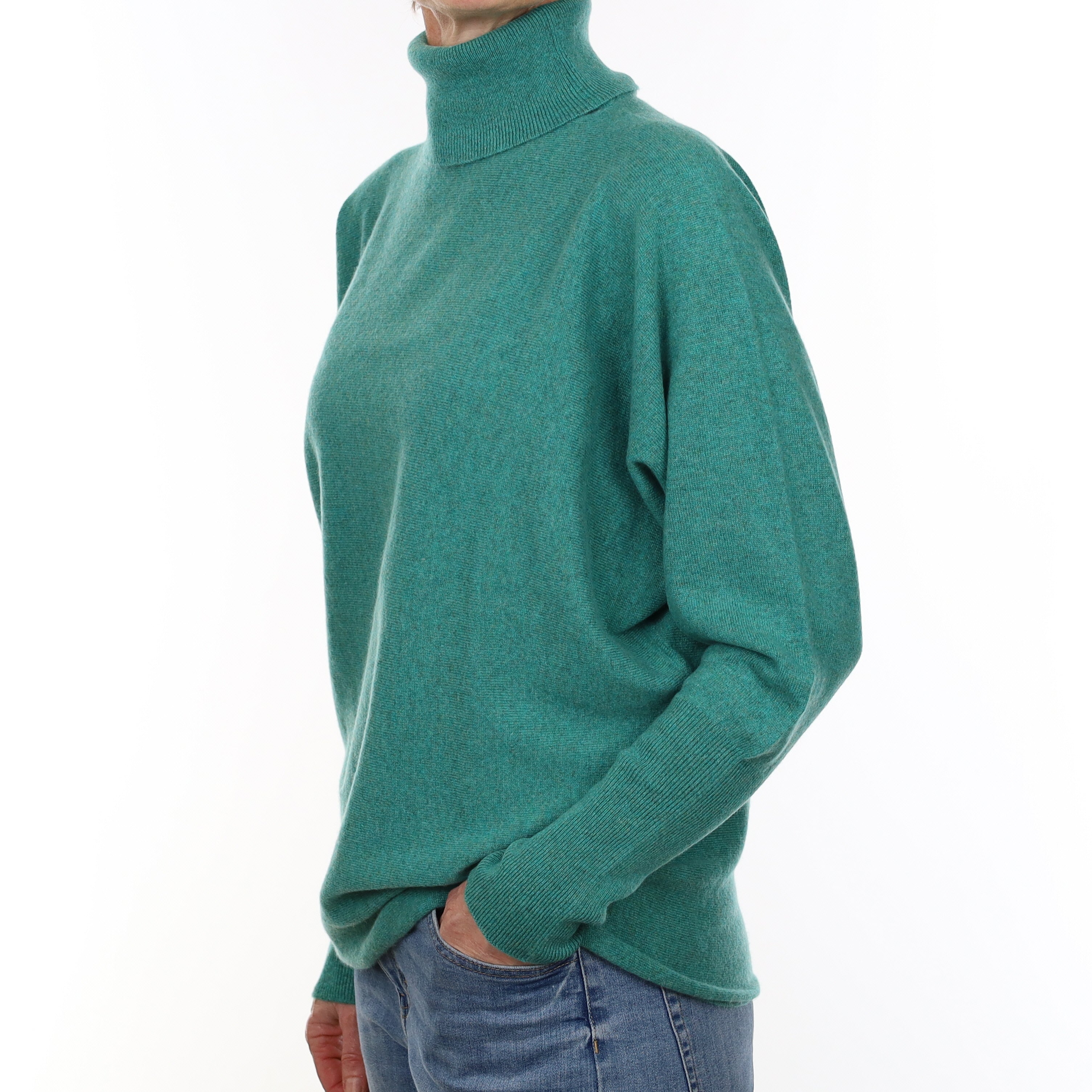 Brand New Scottish Turquoise Green Cashmere Batwing Polo Neck Jumper Small