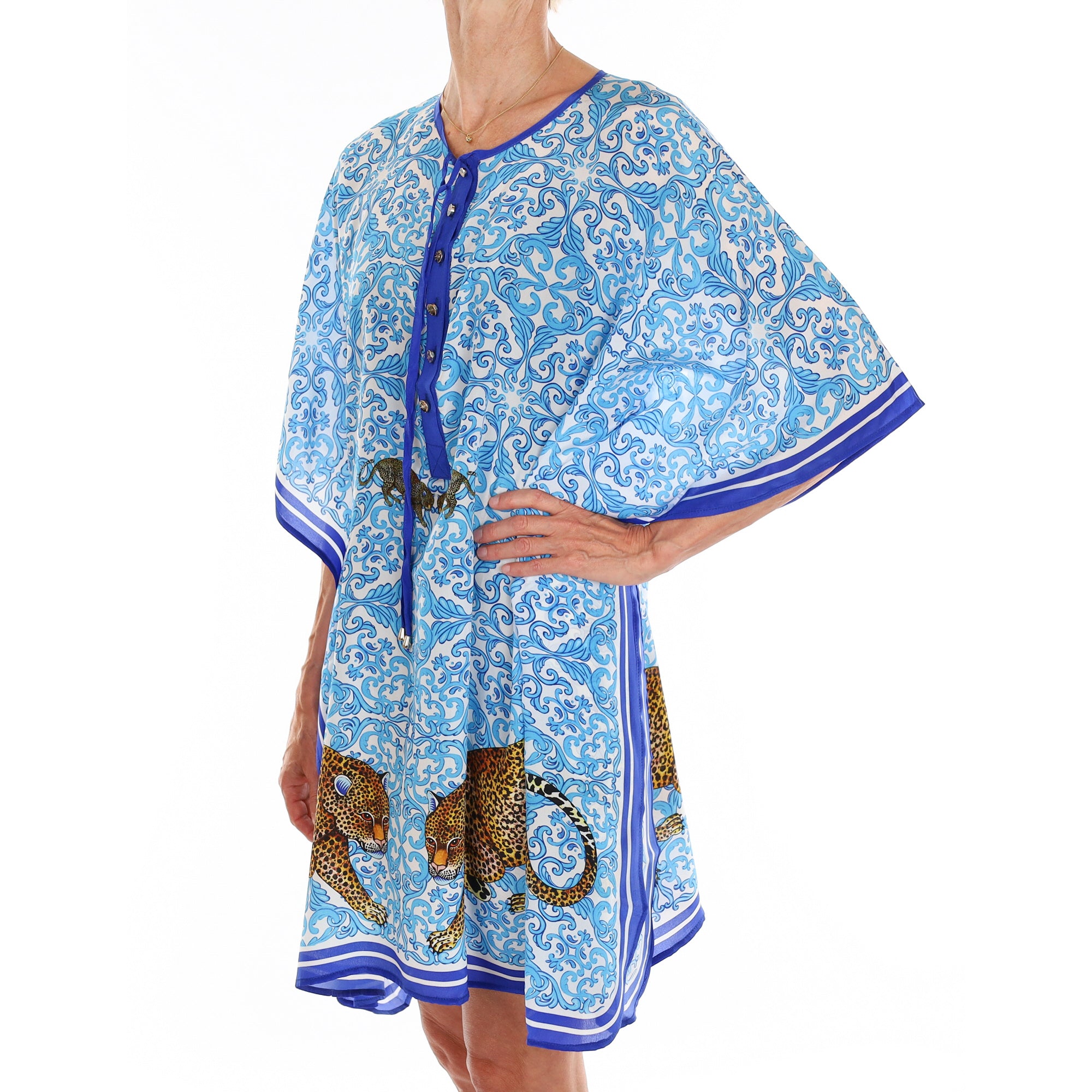 Brand New Bellezza Mediterranean Blue Leopard Safari Silk Kaftan Short DISPATCHED W/C 8th SEPTEMBER