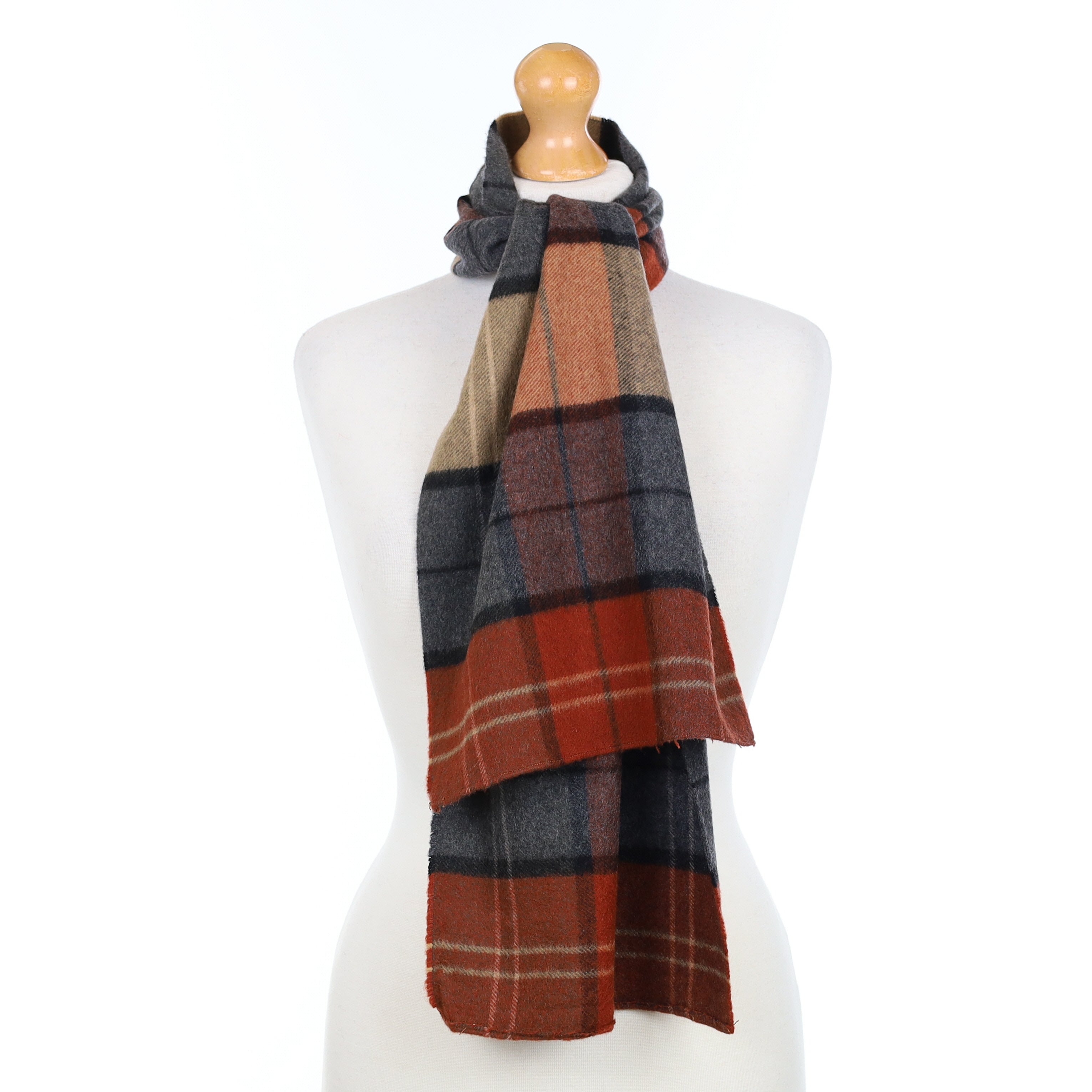 Rust and Grey Plaid Cashmere Woven Scarf