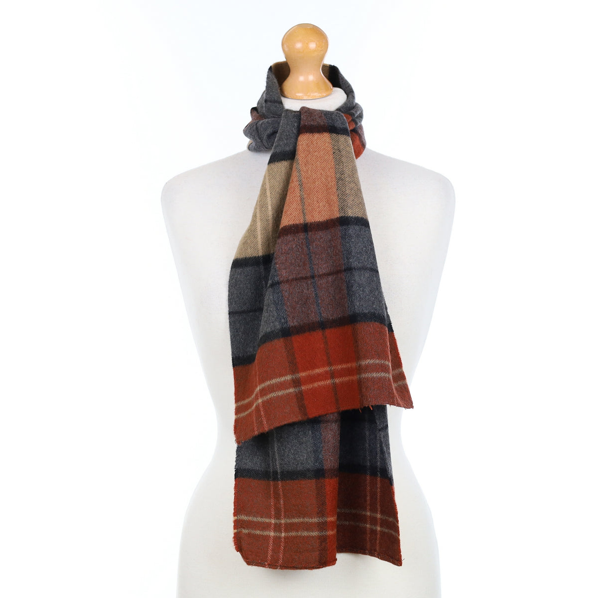 Rust and Grey Plaid Cashmere Woven Scarf