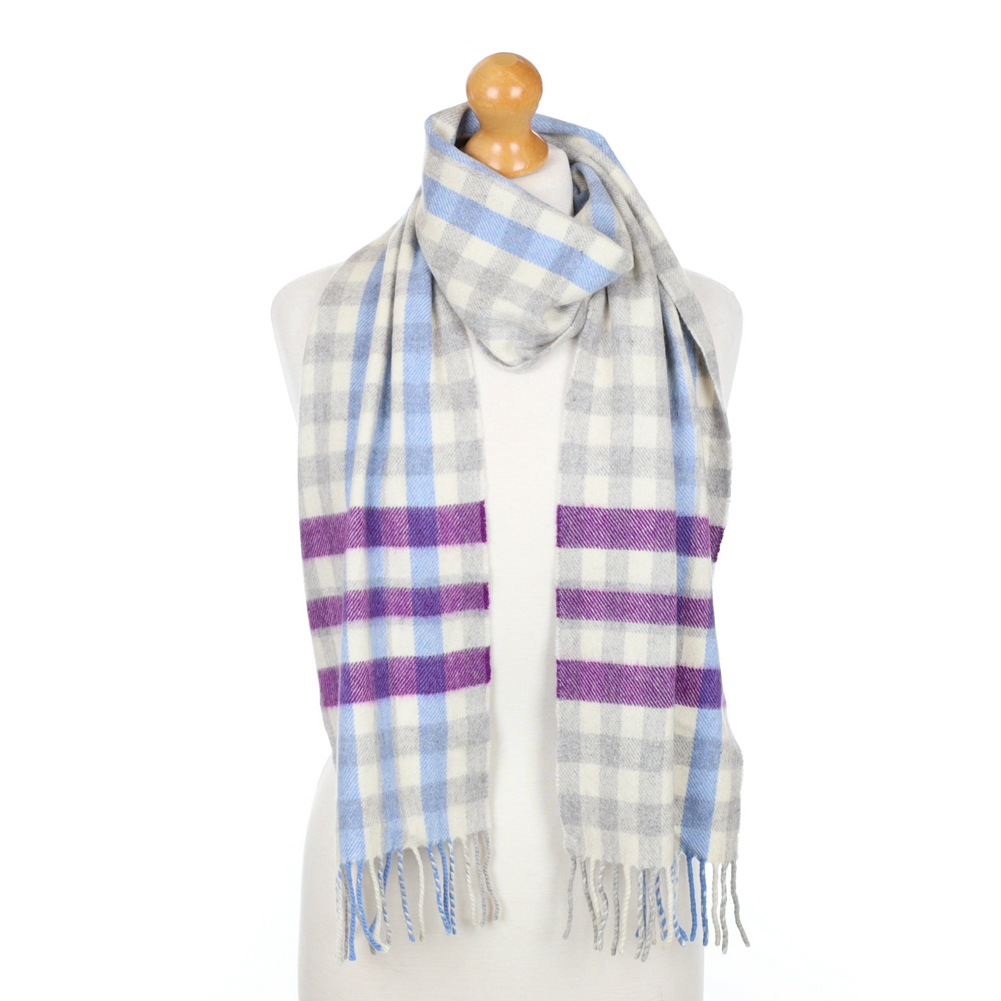 Blue and Grey Checked Fringed Cashmere Woven Scarf