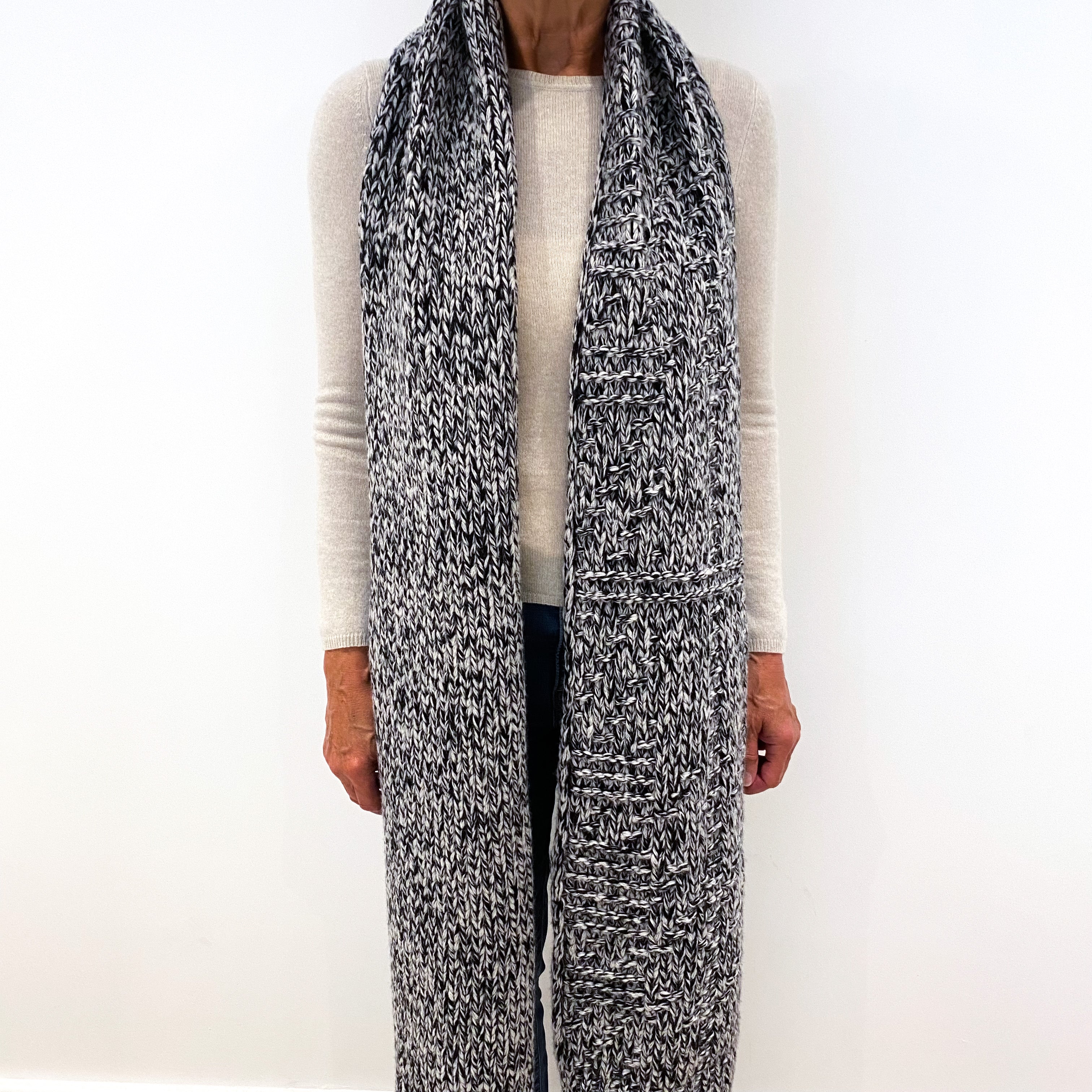 New Scottish Black and Frost Grey Marl Long Cashmere Scarf