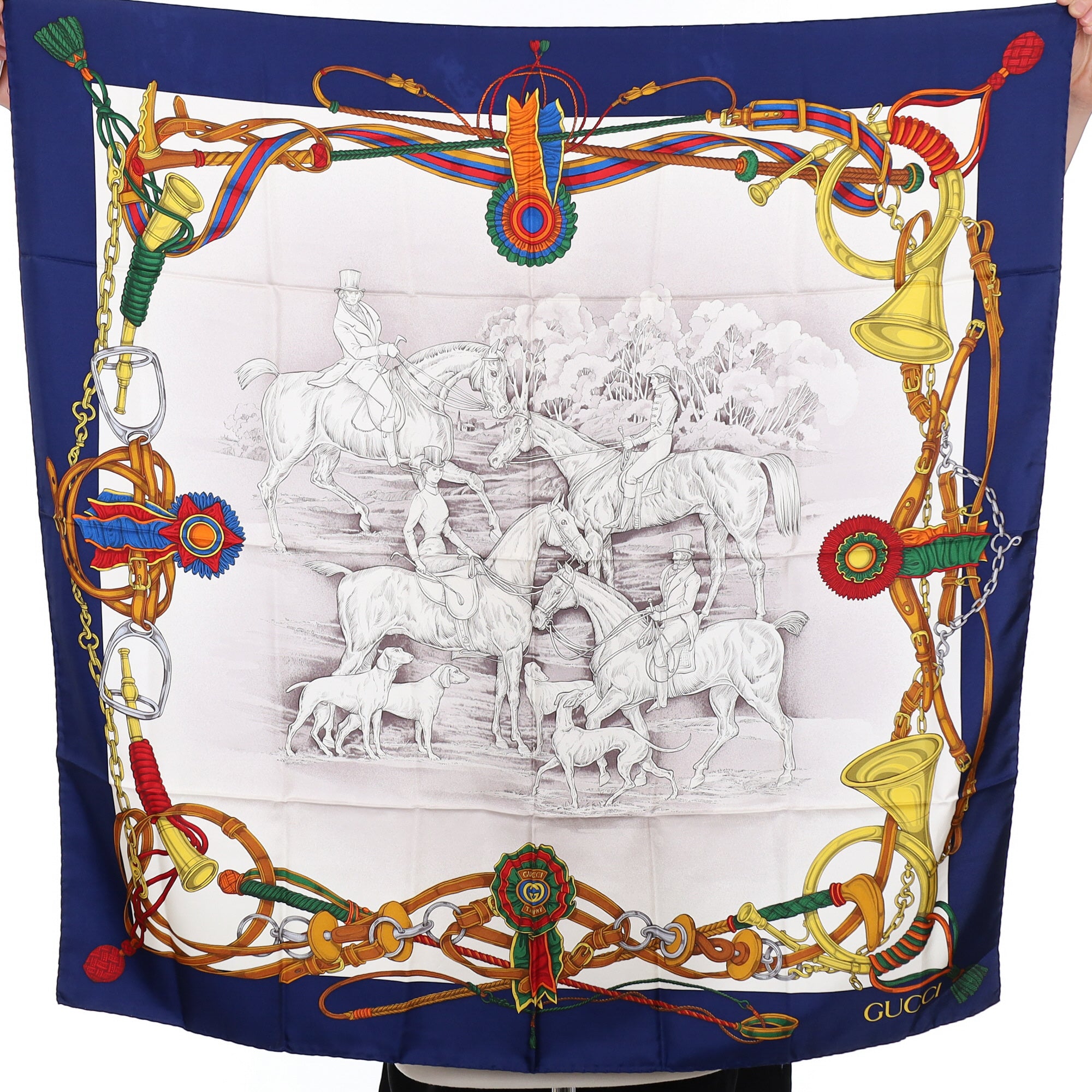 Brand New Gucci Equestrian Navy Vintage Silk Scarf