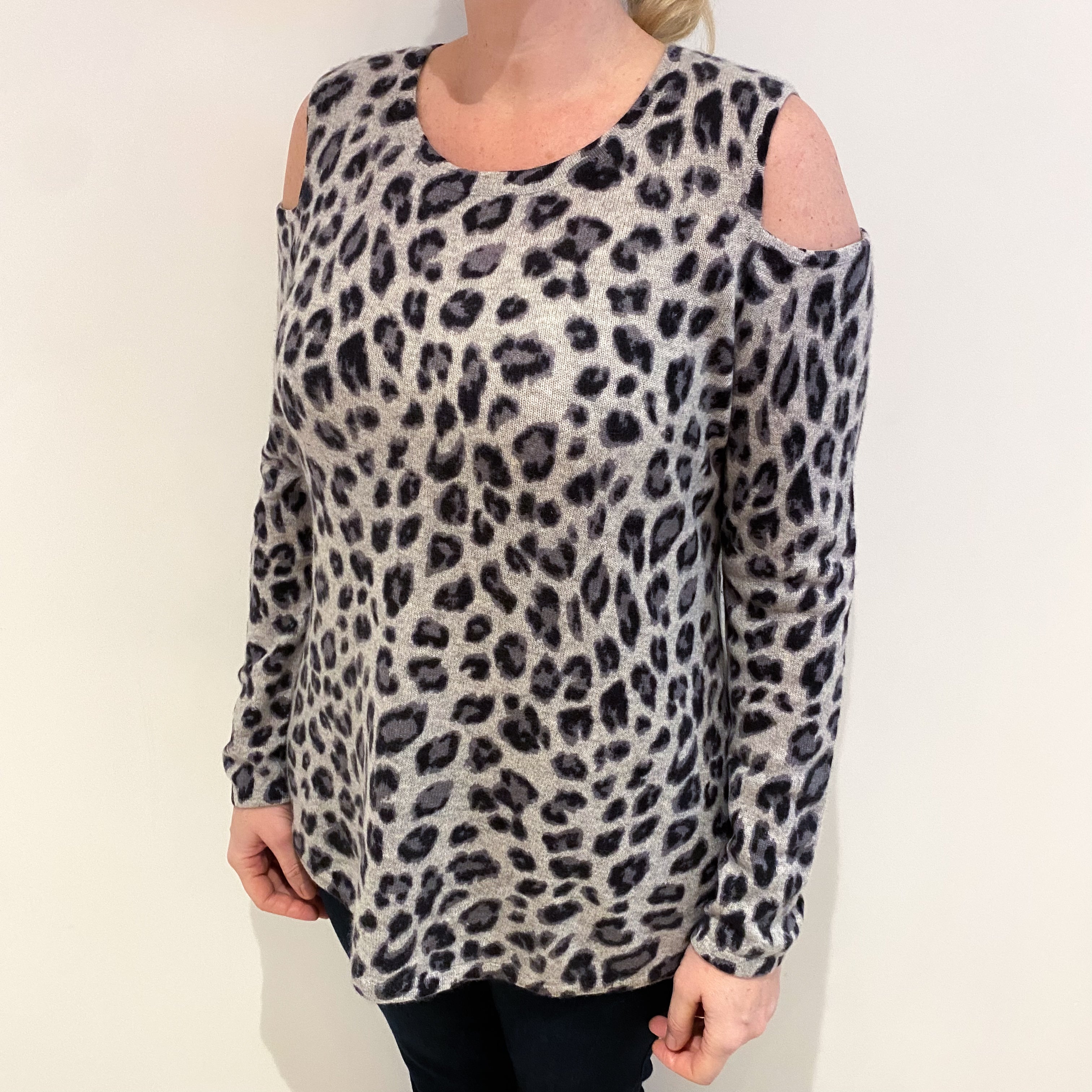 Smoke Grey Animal Print Patterned Cashmere Crew Neck Jumper Large