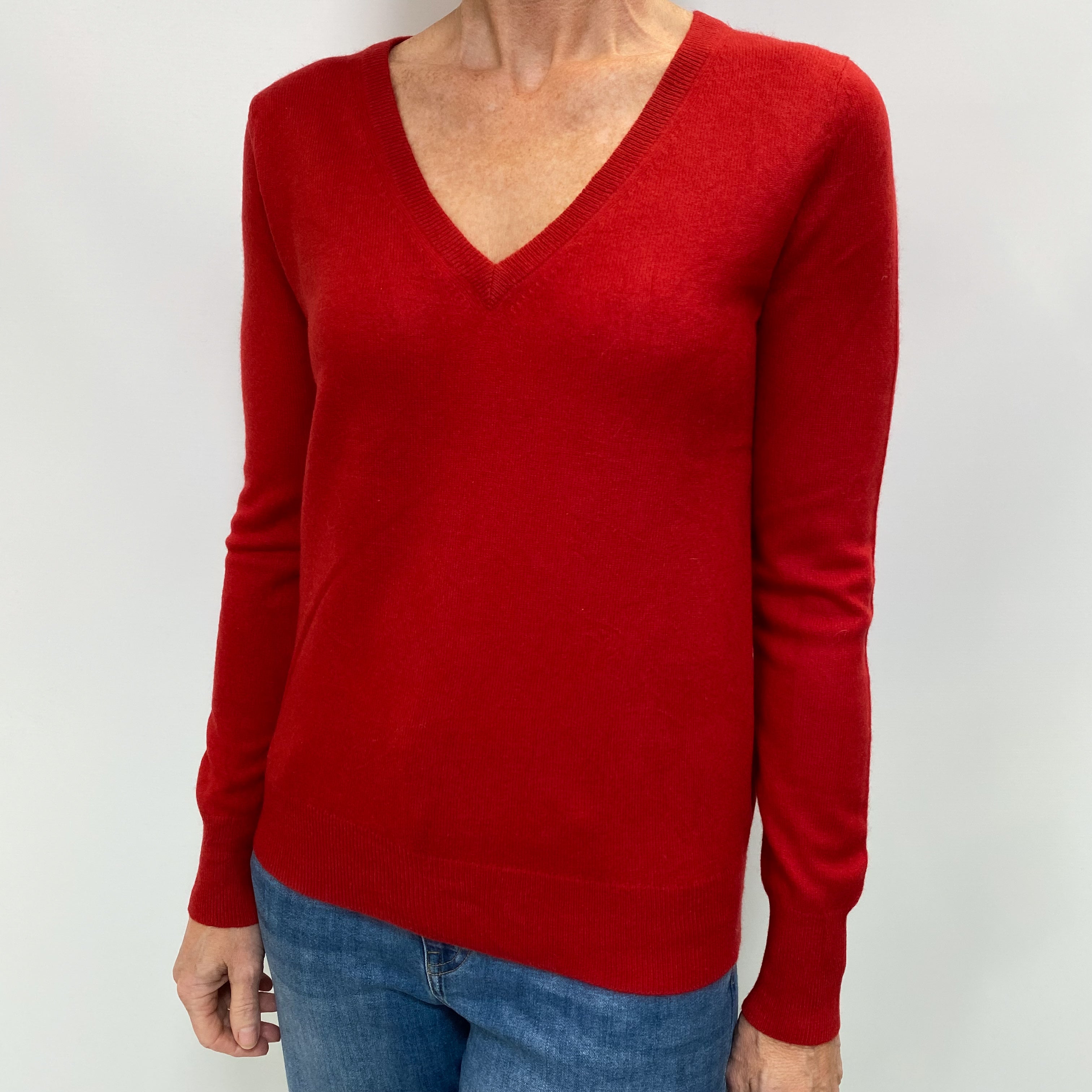 Spanish Red Cashmere V Neck Jumper Small