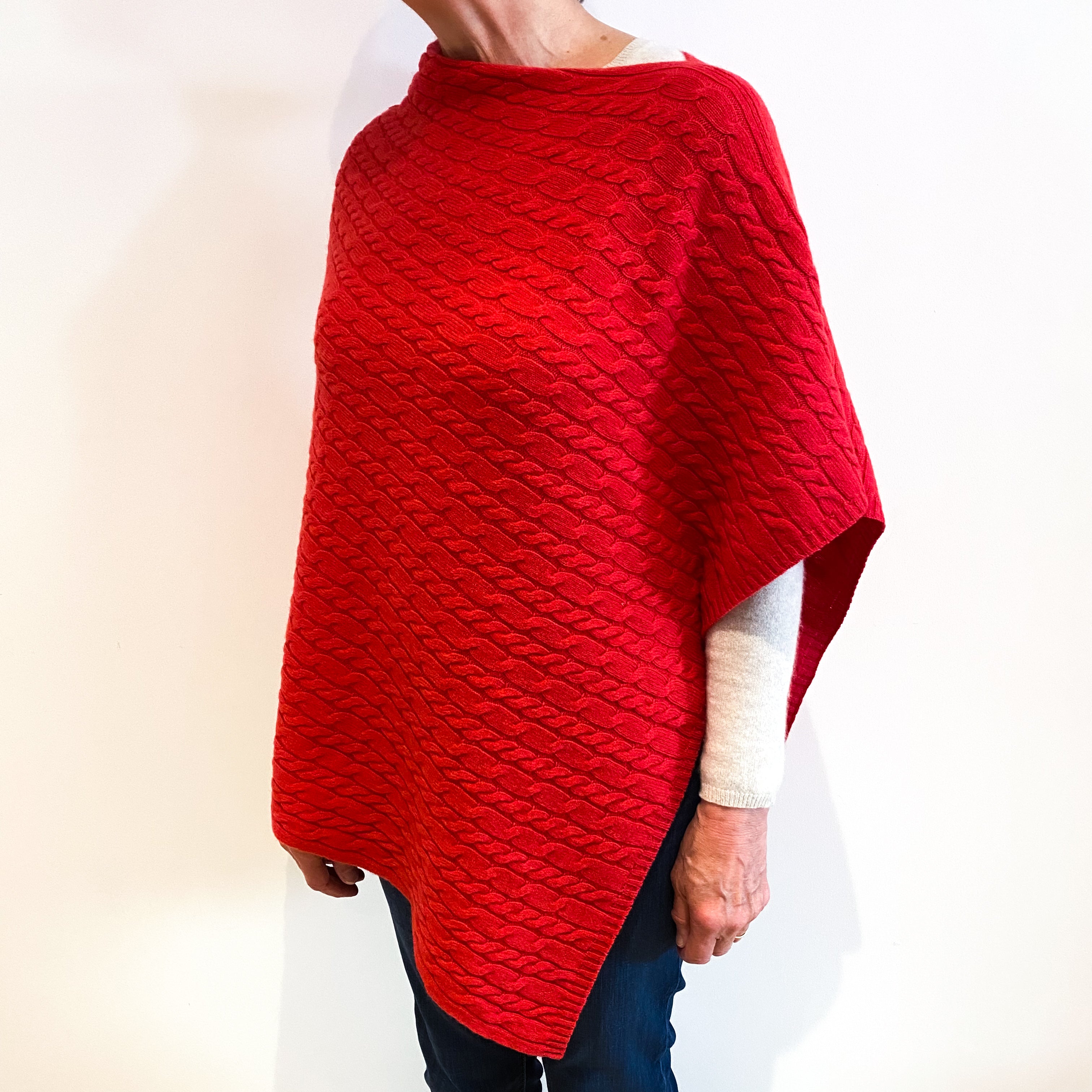 Brand New Scottish Strawberry Red Cashmere Cable Poncho One Size