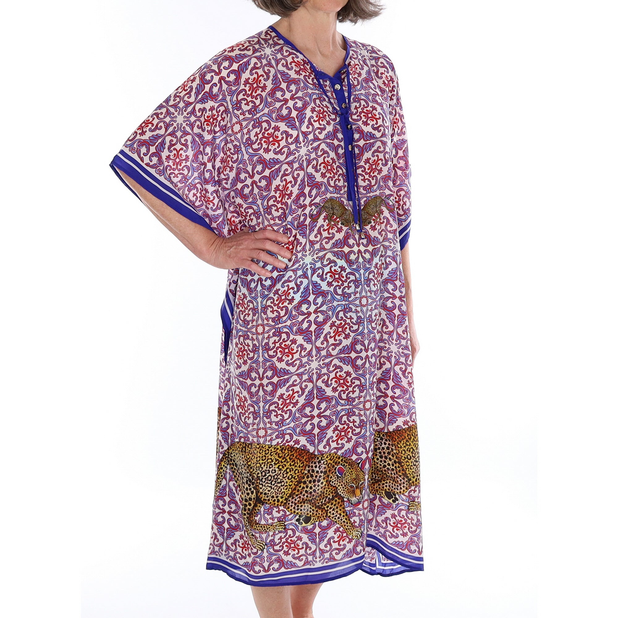 Brand New Bellezza Blue & Red Leopard Safari Silk Kaftan Long DISPATCHED W/C 8th SEPTEMBER