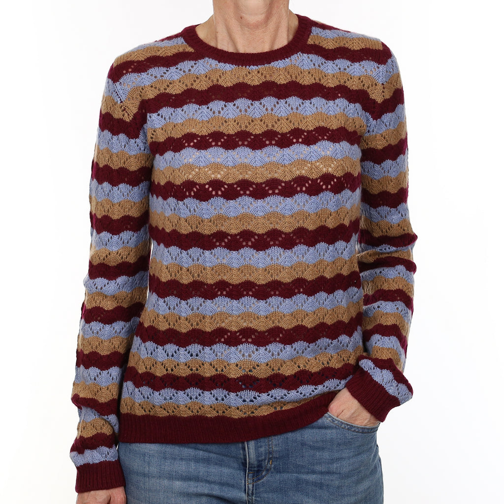 Scottish Brora Mulberry Striped Cashmere Lace Knit Crew Neck Jumper Small