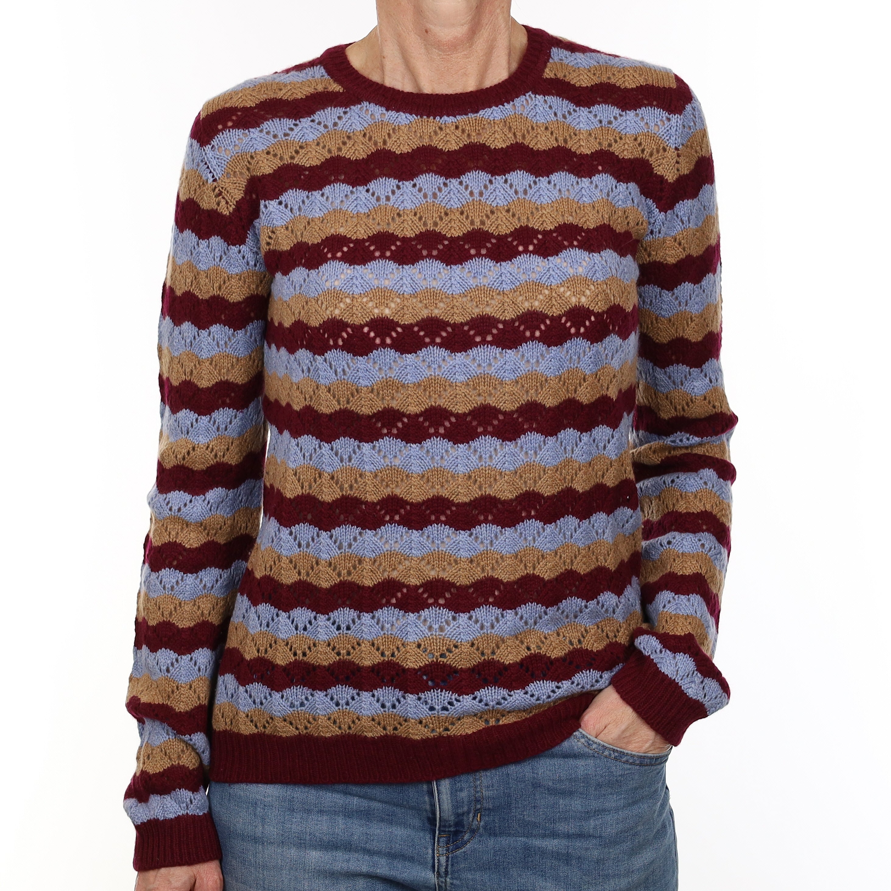 Scottish Brora Mulberry Striped Cashmere Lace Knit Crew Neck Jumper Small