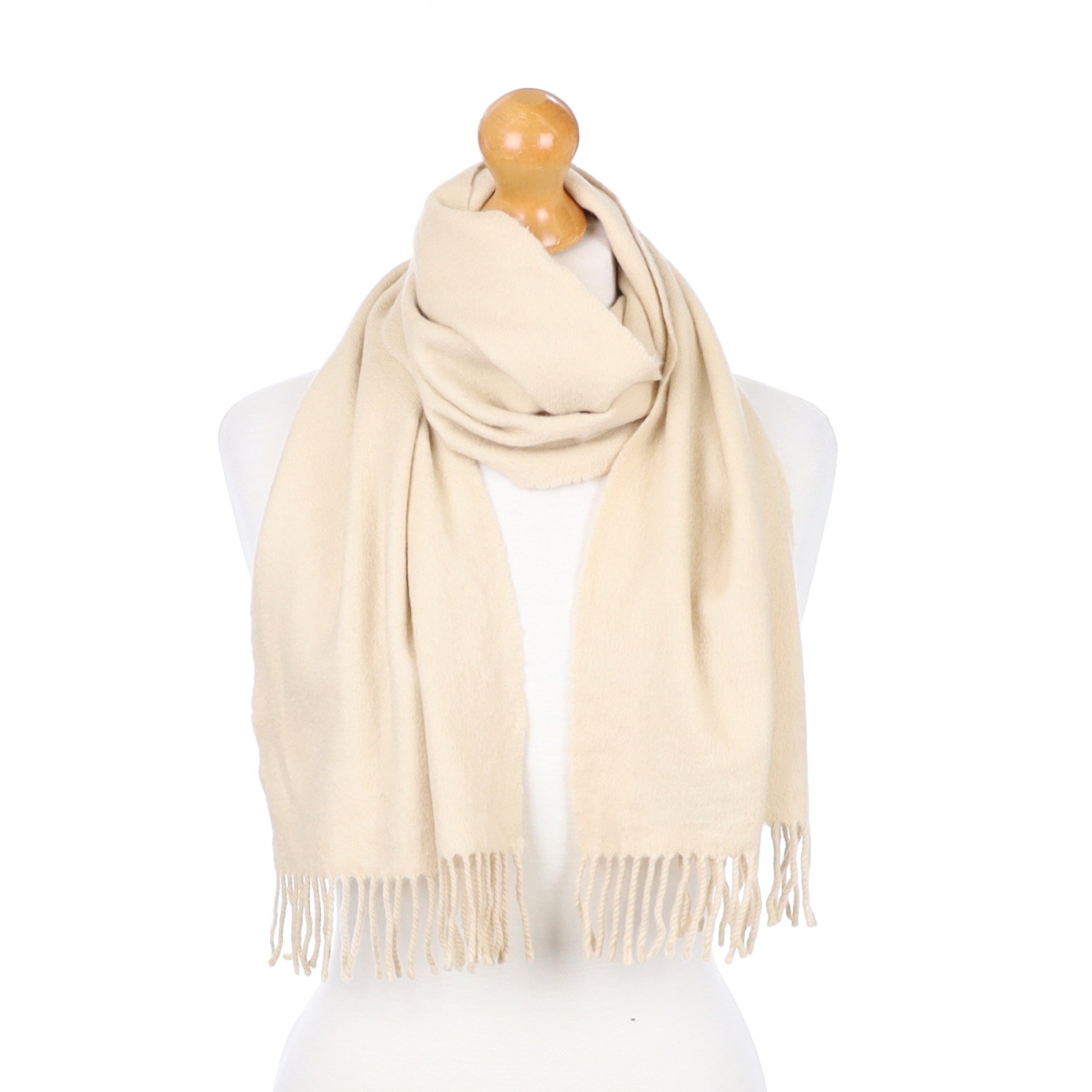 Soft Beige Fringed Cashmere Woven Scarf