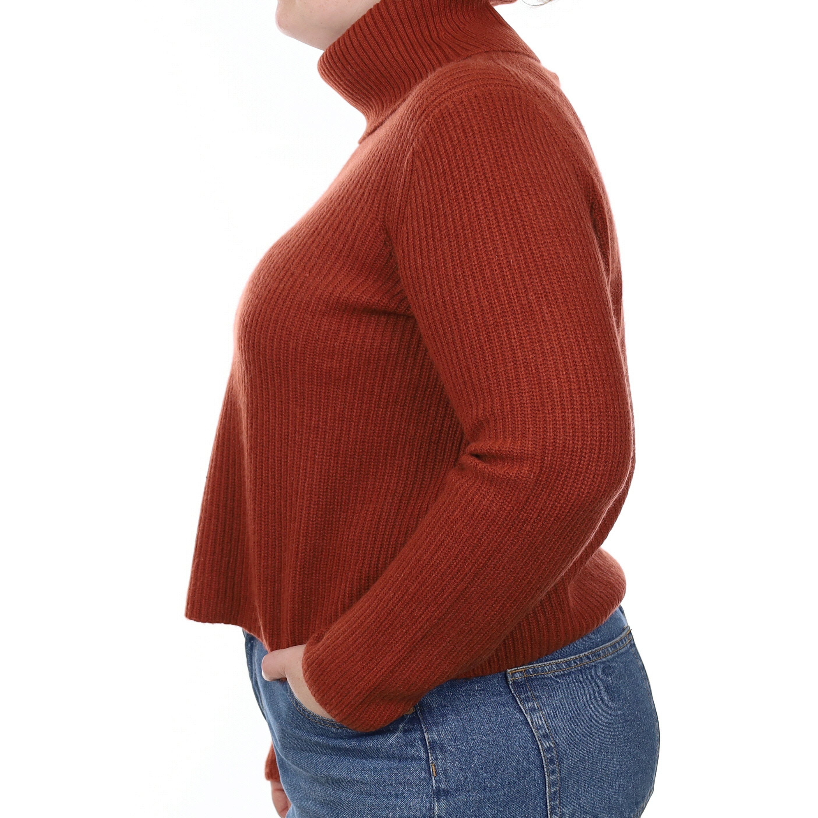 Rust Chunky Ribbed Cashmere Polo Neck Jumper Large