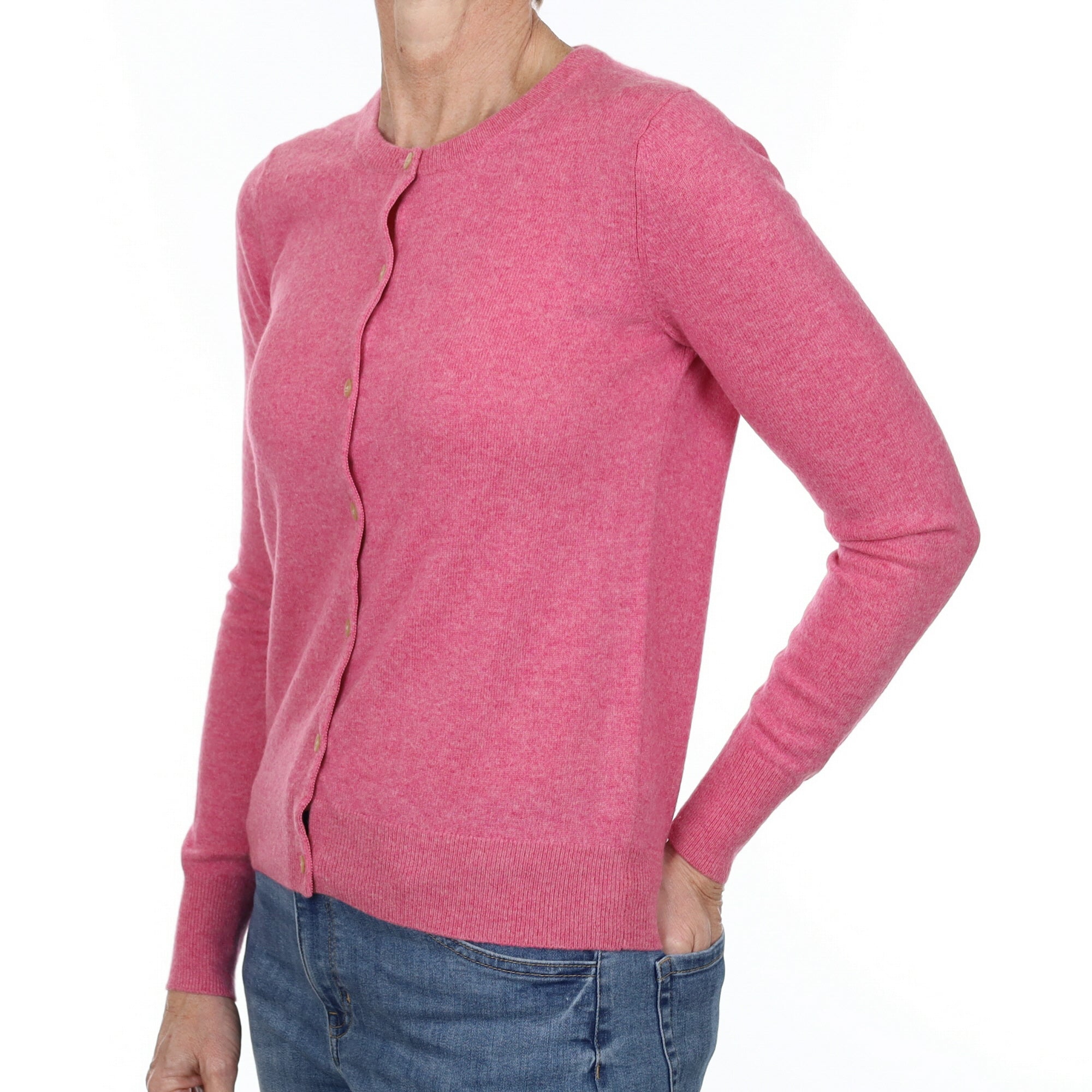 Raspberry Marl Cashmere Crew Neck Cardigan Small