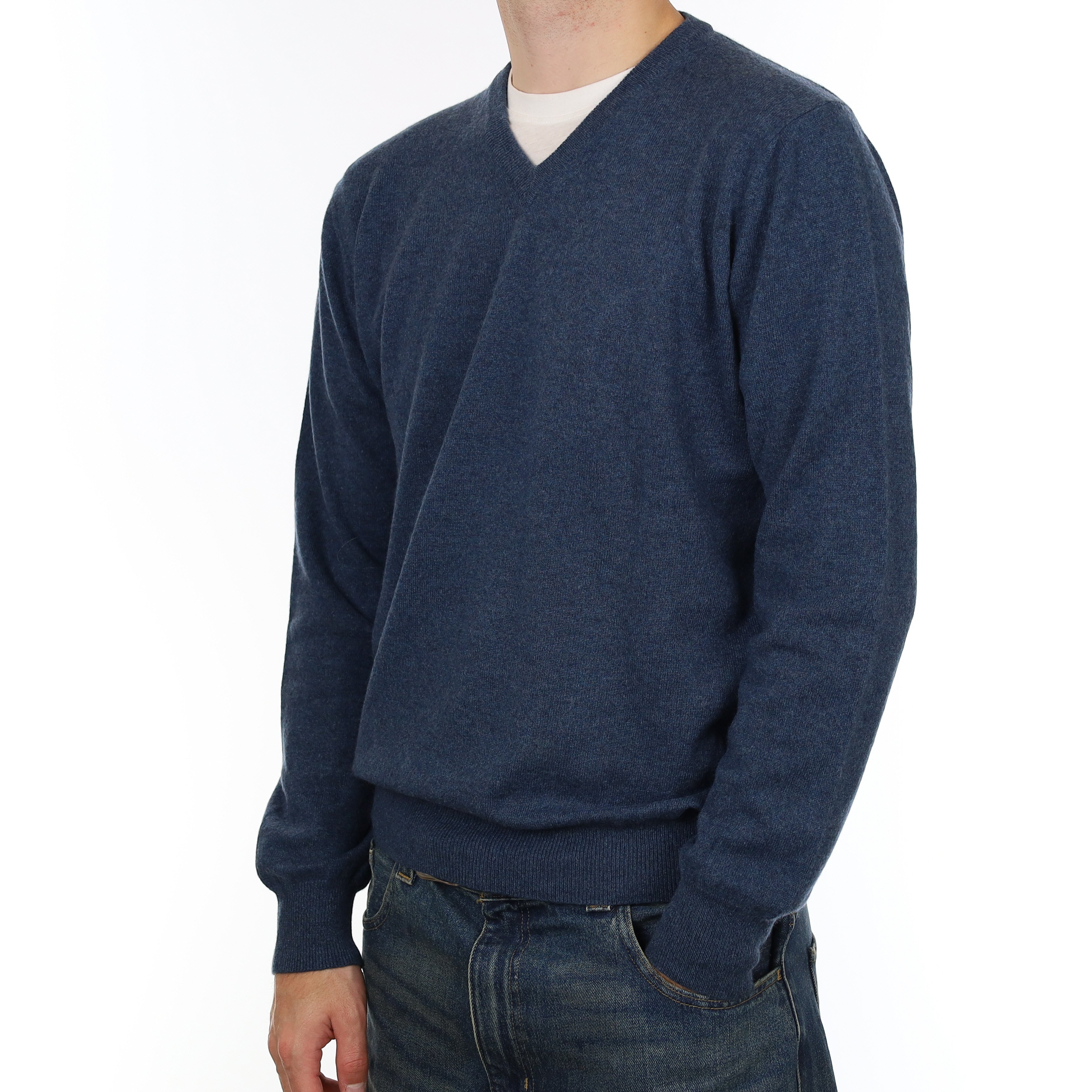 Men’s Naval Blue Cashmere V Neck Jumper Large