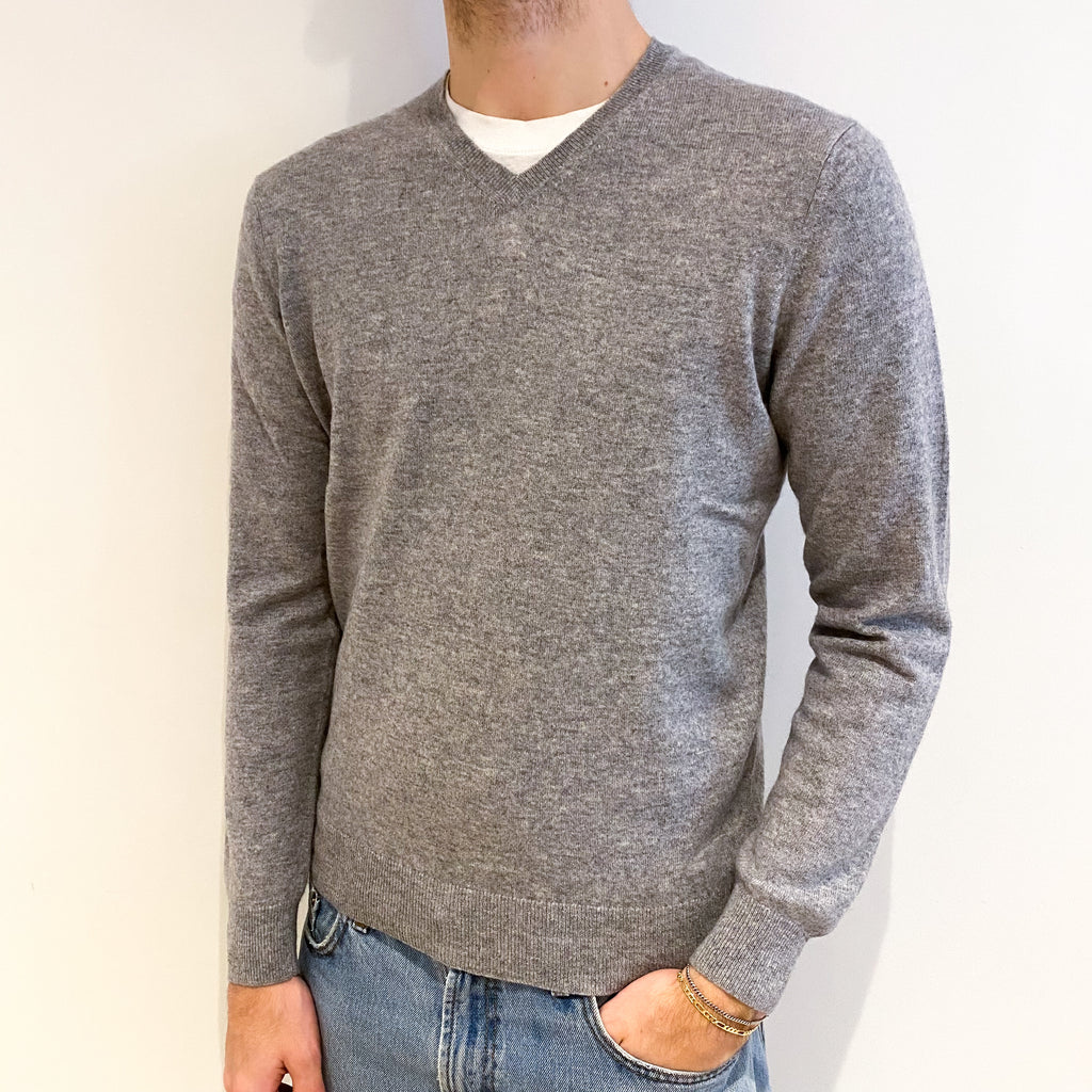 Men's Smoke Grey Cashmere V Neck Jumper Medium