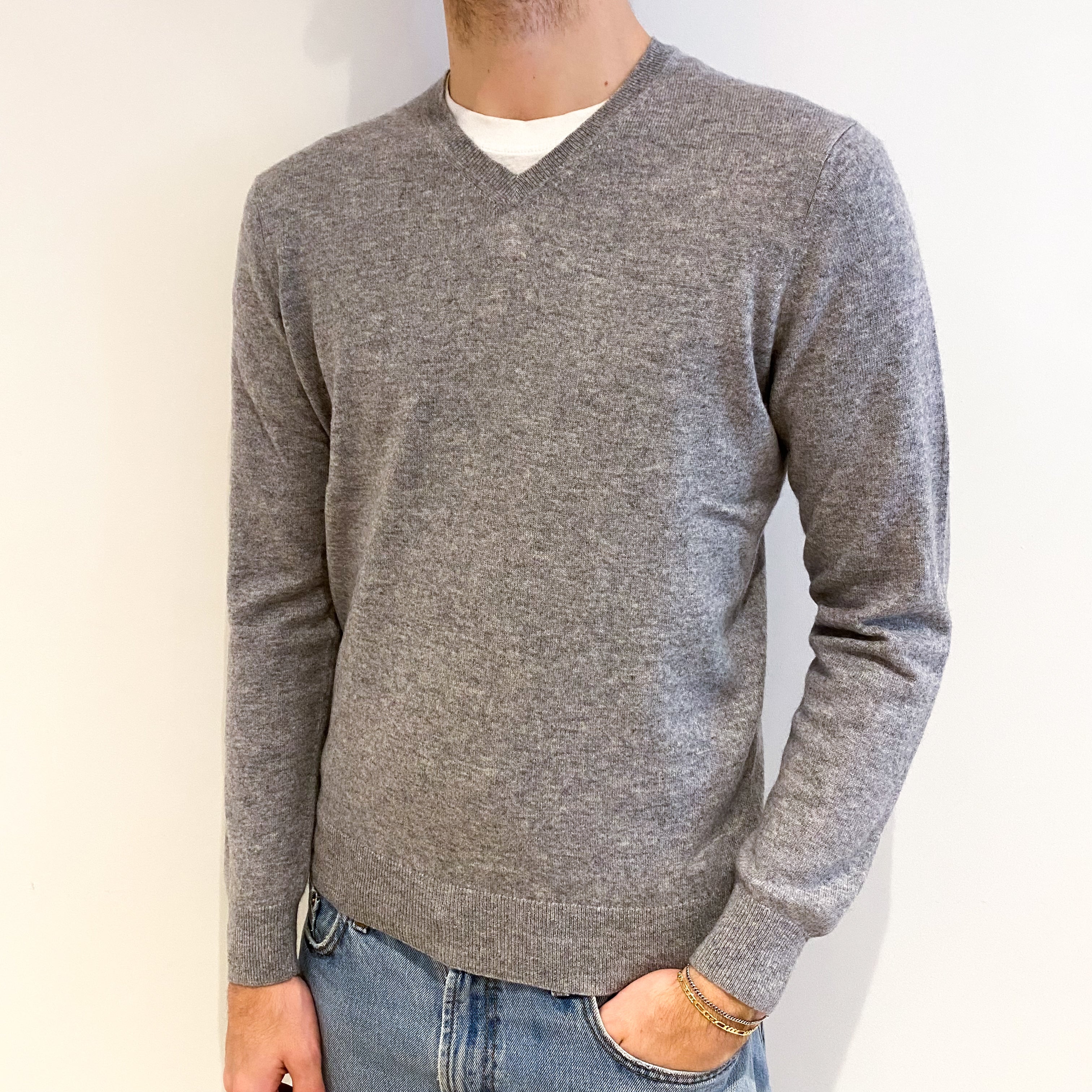 Men's Smoke Grey Cashmere V Neck Jumper Medium