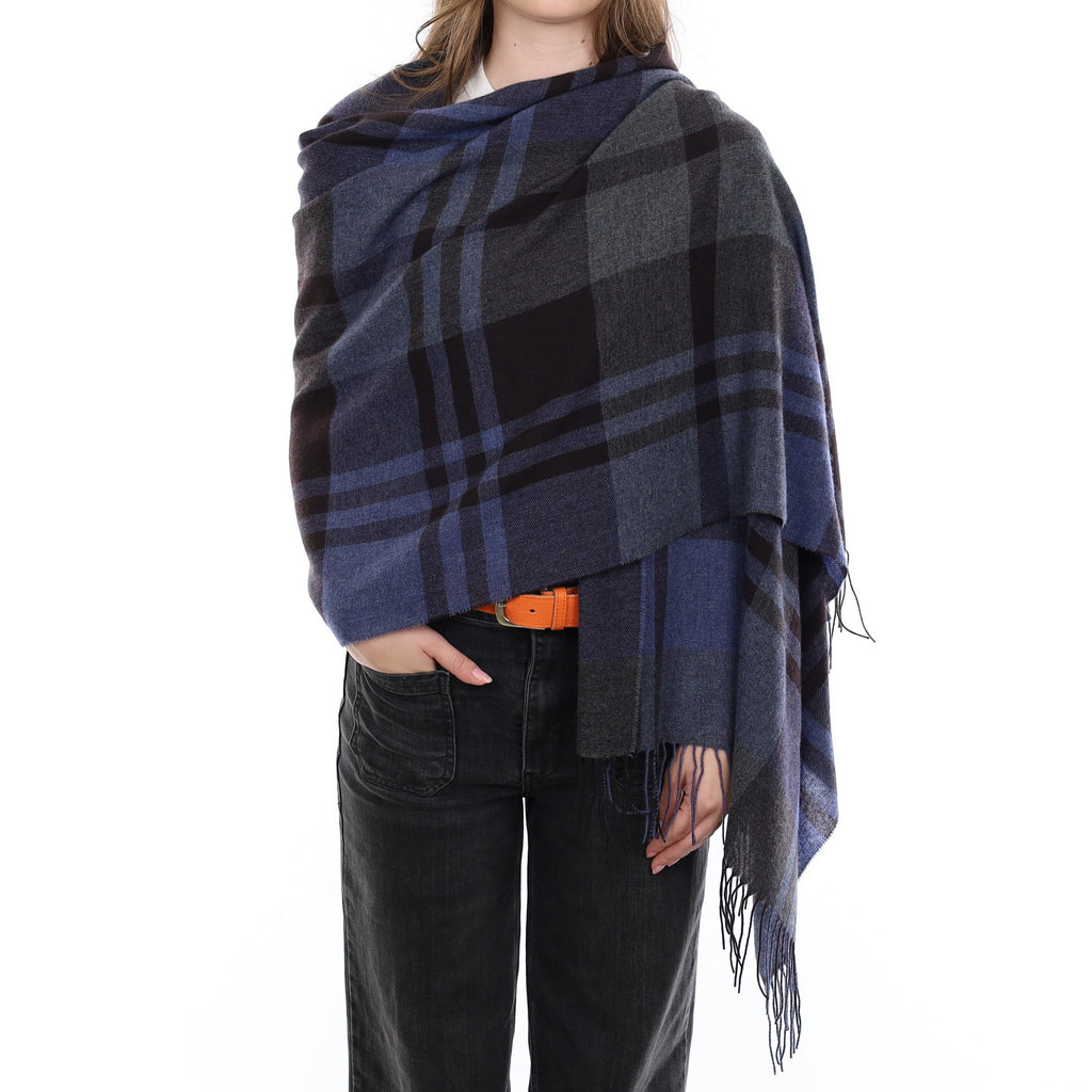 Brand New British Naval Blue Tartan Luxury Woven Cashmere Pashmina