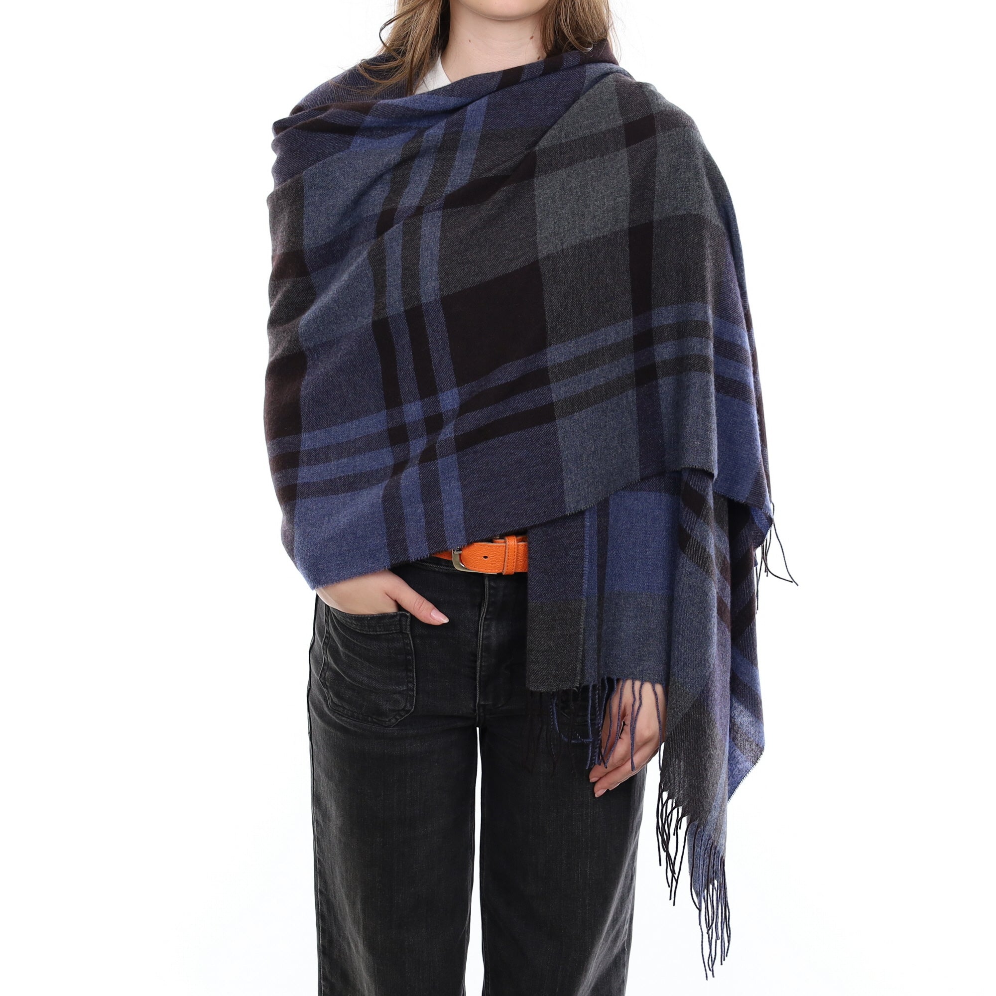 Brand New British Naval Blue Tartan Luxury Woven Cashmere Pashmina