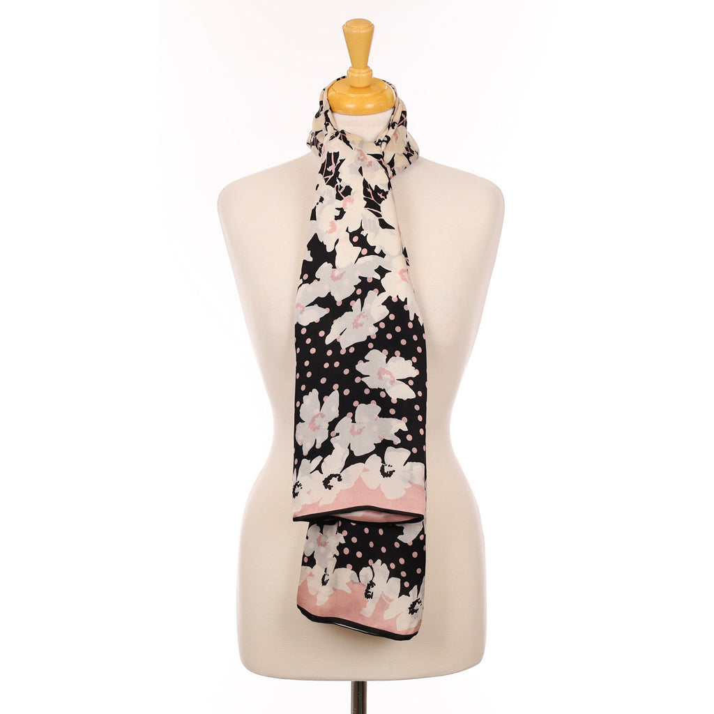 1980’s Jaeger Black, Cream and Pink Silk Scarf