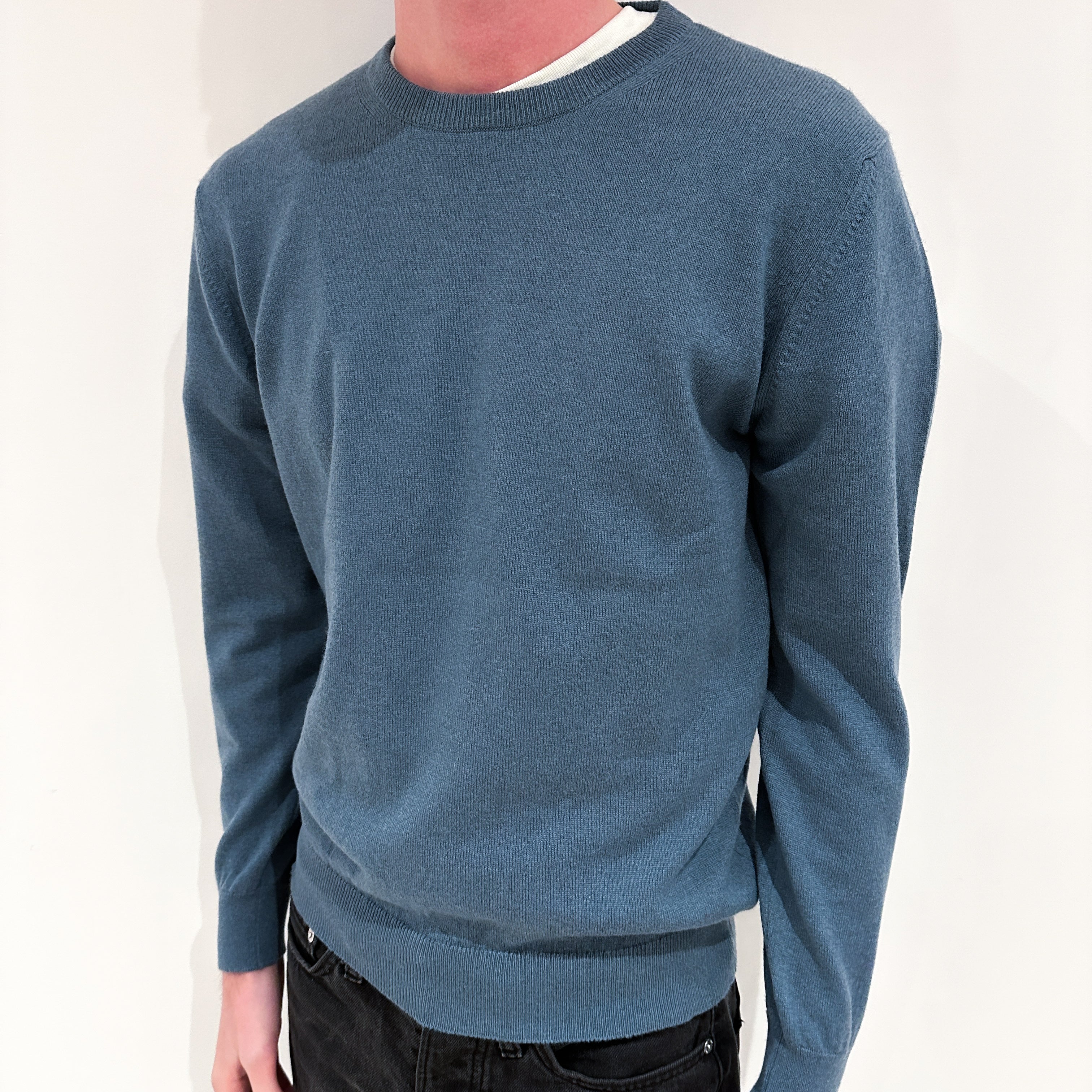 Men's Brand New Scottish Stone Blue Cashmere Crew Neck Jumper Small