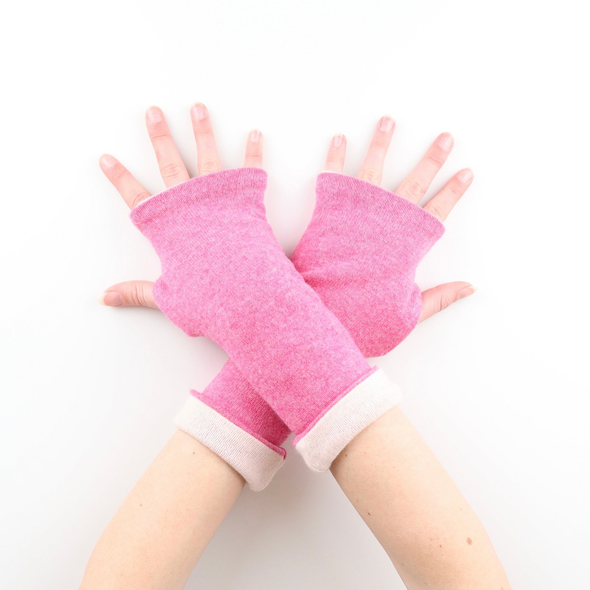 Raspberry Pink and Cream Reversible Cashmere Fingerless Gloves